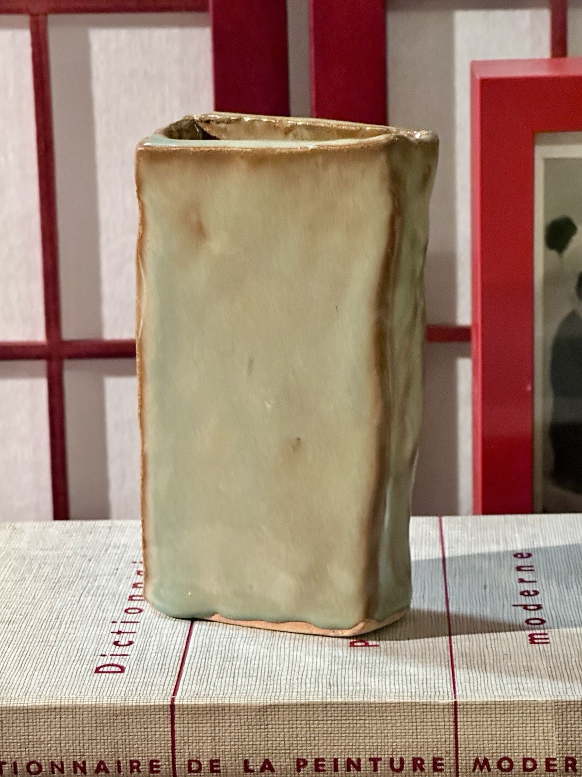 Handcrafted Ceramic Green And Brown Glazed Bud Vase With Artist’s Stamp