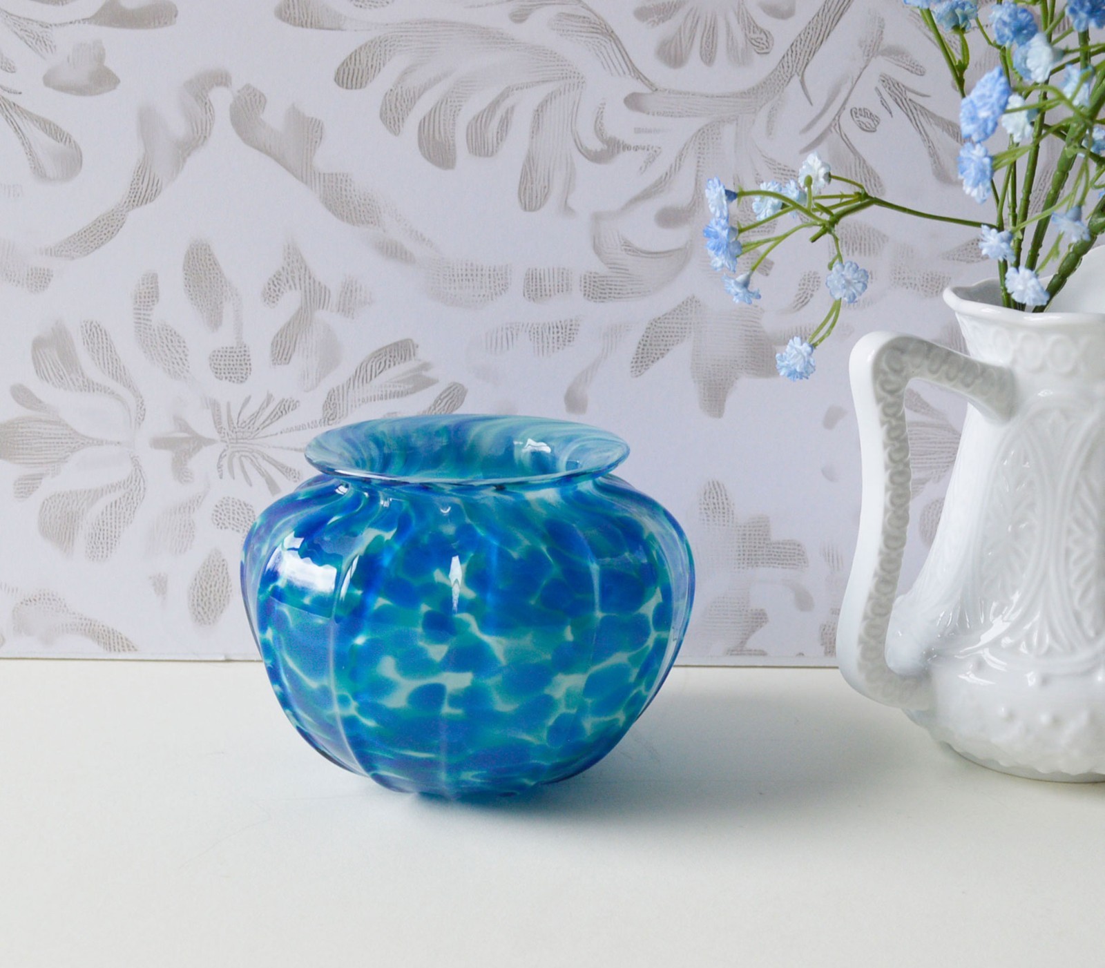 Blue Spatter Glass Hand Blown Art Glass Vase 3 3/4 Inches by 5 Inches