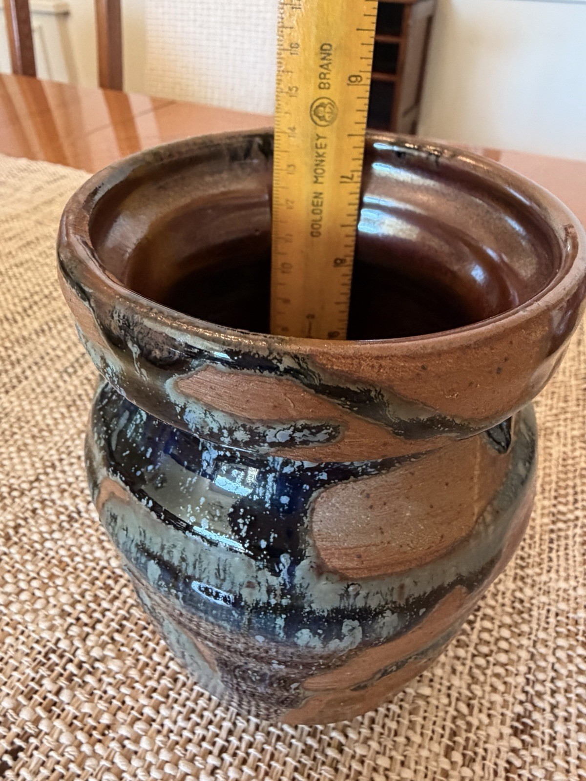 Handmade Art Pottery Ceramic Vase Brown Black Blue Abstract Glossy 6.5” Tall