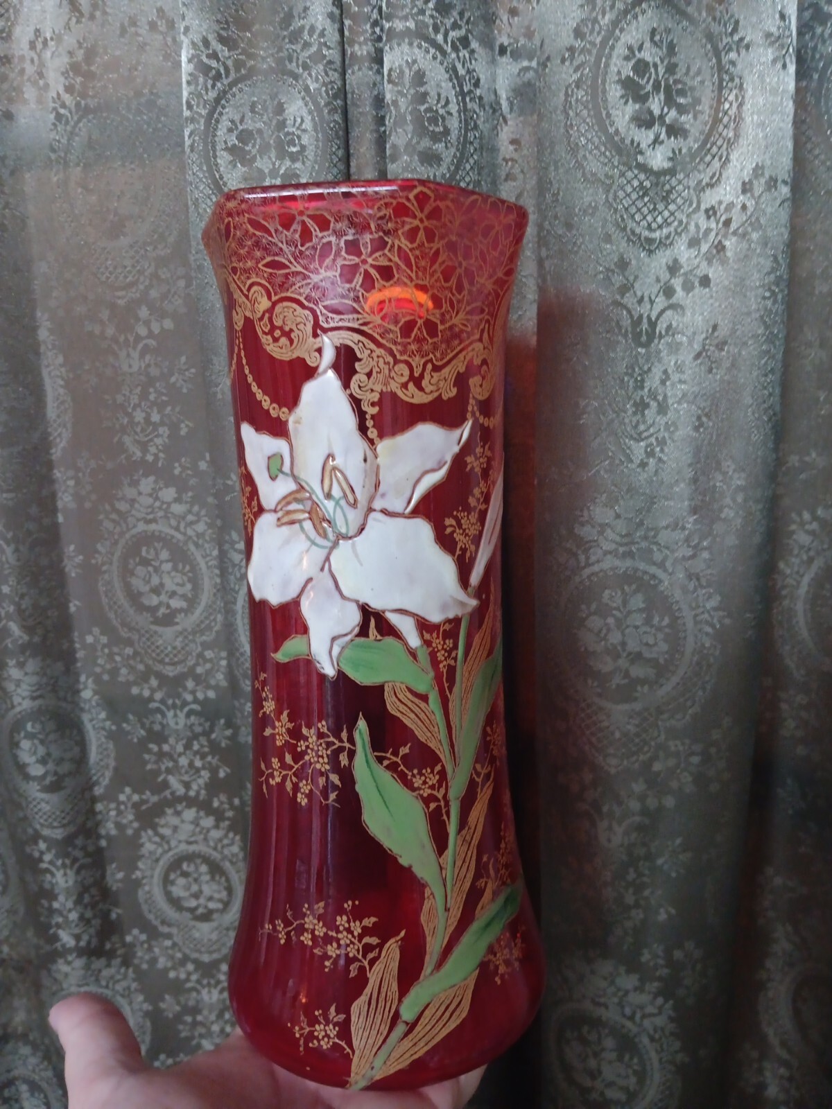 Antique Mont Joye Legras Art Glass Vase Easter LILY Heavy Hand Painted Enamel