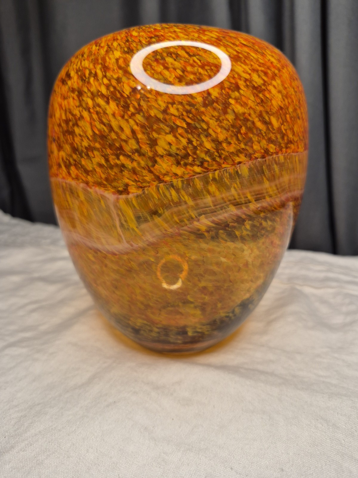 Speckled Glass Vase Brown Yellow Orange w White Band 7″h
