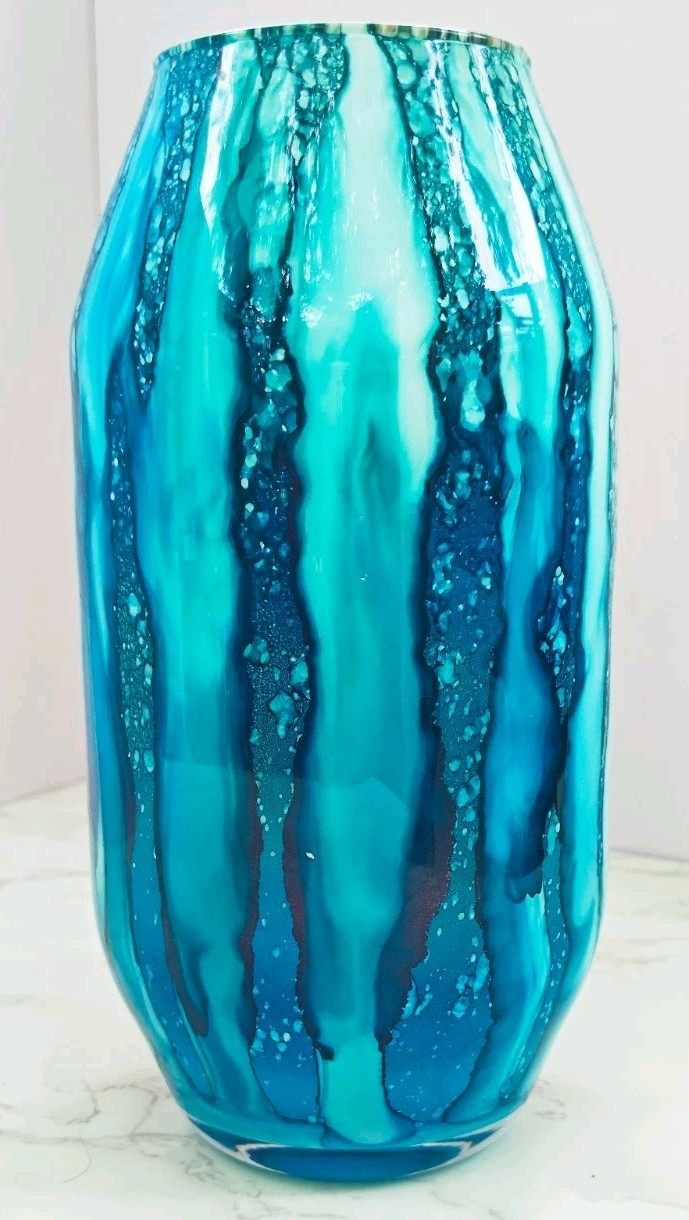 Murano Style Franco italy Hand Blown Art Glass Vase Blue White Streak Design 10”