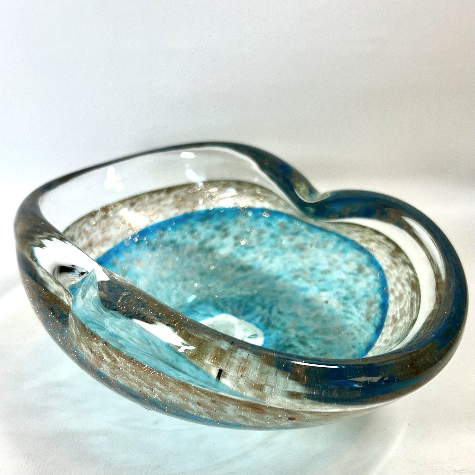 Vtg Italian Aquamarine Teal & Gold Fleck Aventurine Bowl 8″ 2.75 lbs Murano?