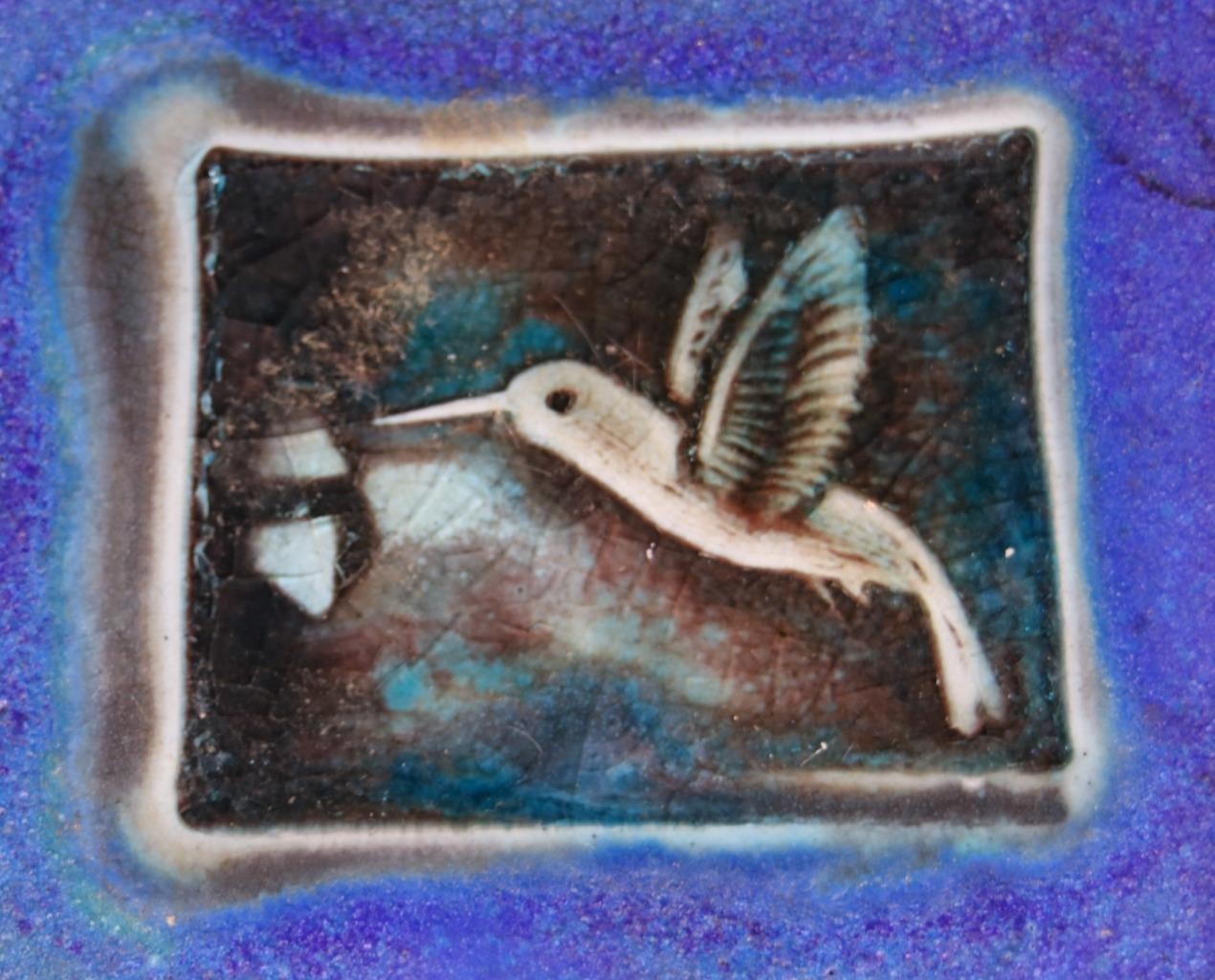 Vintage 2003 Michael Cohen Art Pottery Tile Trivet Cobalt Blue Hummingbird Bird