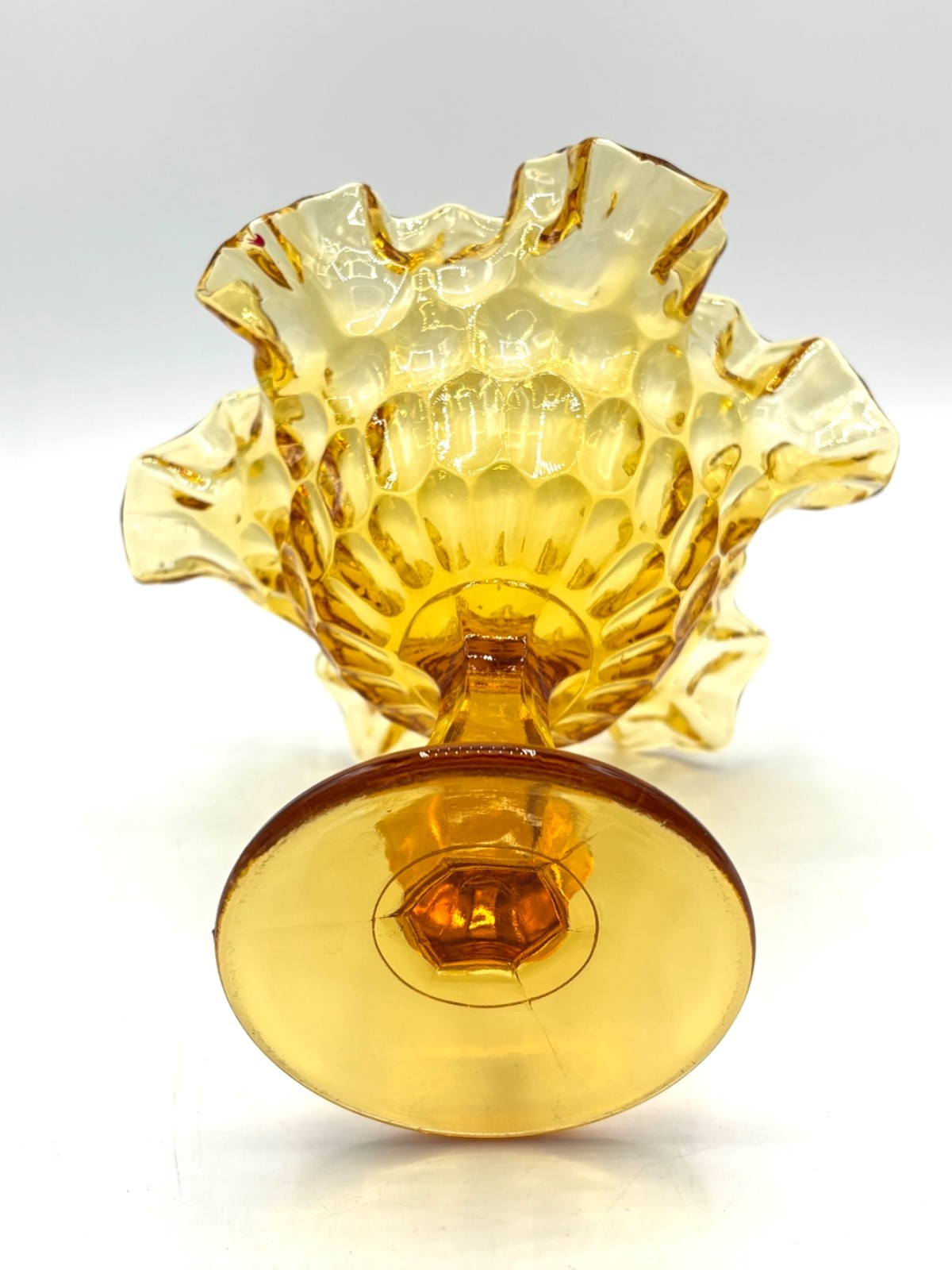 Vintage Fenton Glass Colonial Amber Thumbprint Ruffled Candy Compote Dish 6″