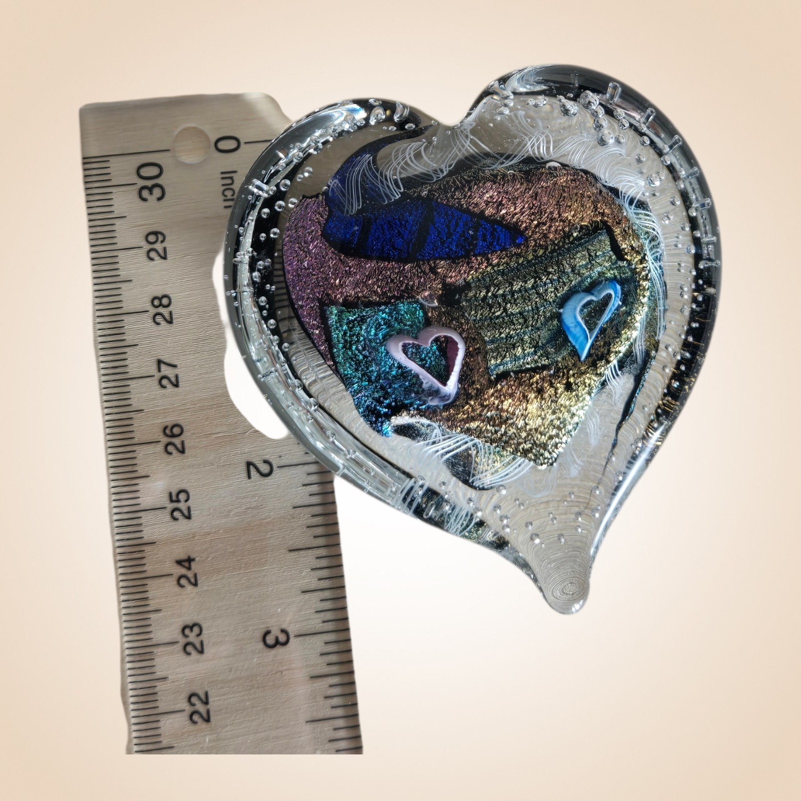Randy Strong Paperweight Dichroic Metal Flake Puff Heart Art Glass 3.25″