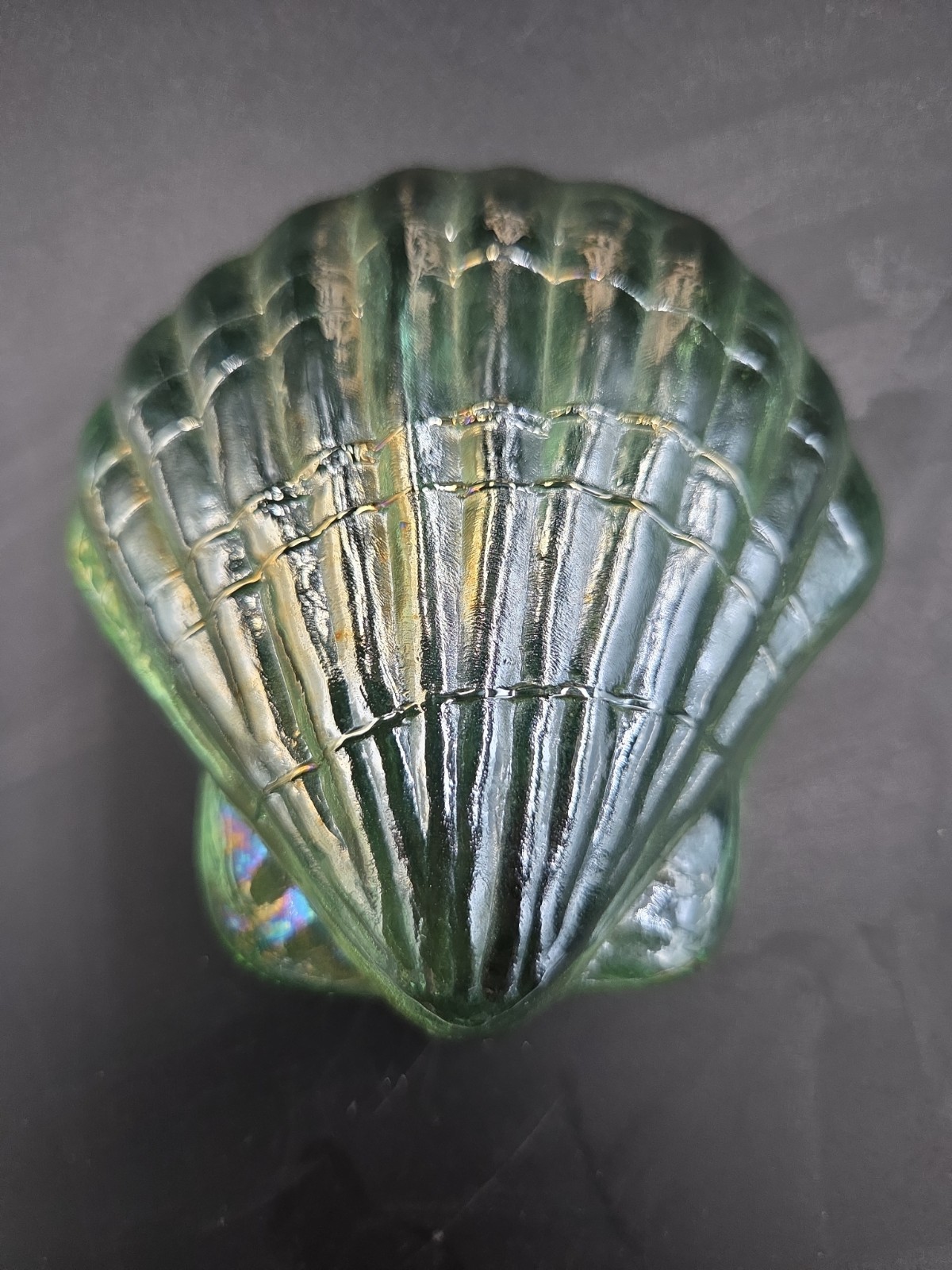 Art Glass Iridescent Green Scallop Shell Paperweight 3.5” Beach Molded Sea