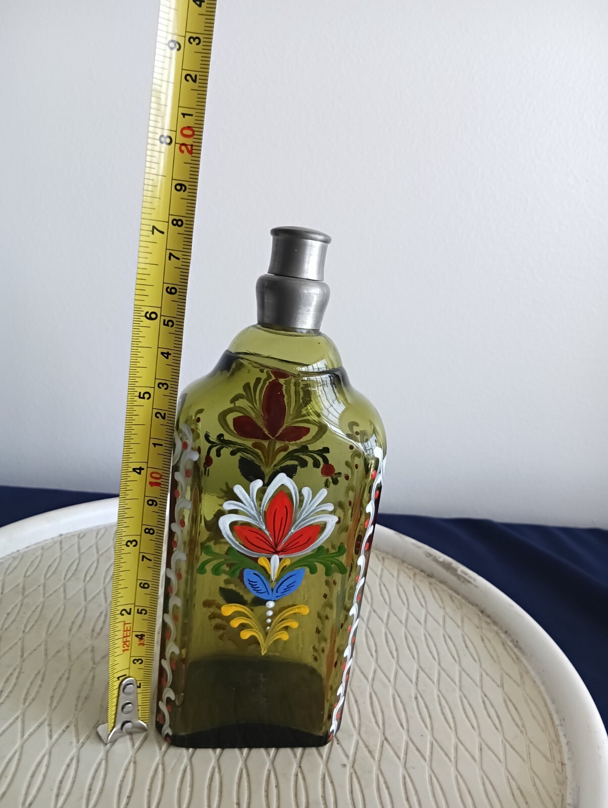 Vintage Blown Green Glass Reproduction Hand Painted Enamel Bottle w/ Pewter Top