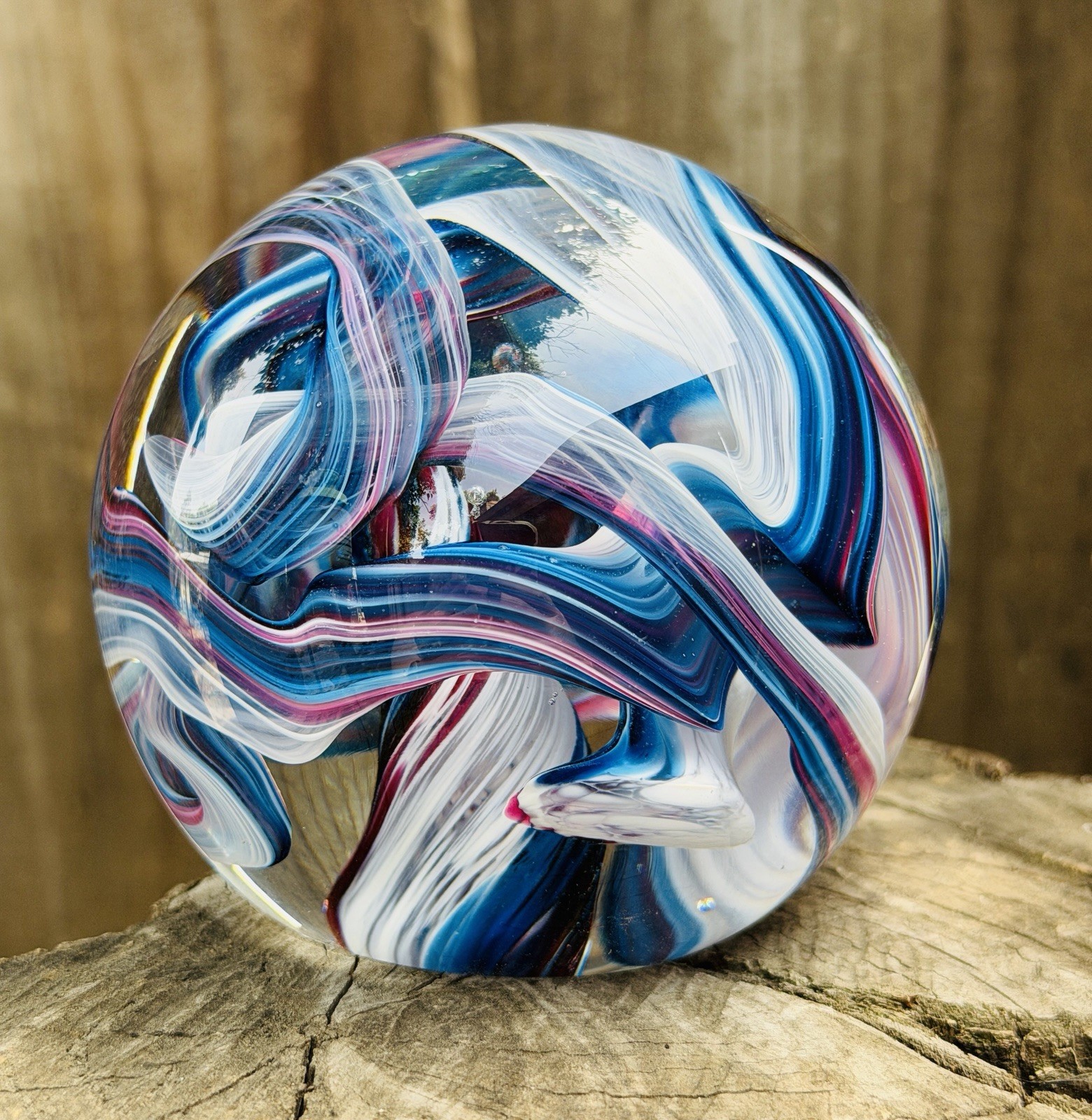 Signed 2004 Opal Studio Art Glass Paperweight Blue Pink Swirl Heavy 11”