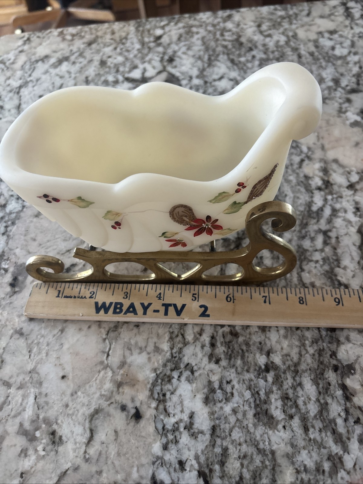 Fenton Art Glass Hand painted Sleigh With Brass Base