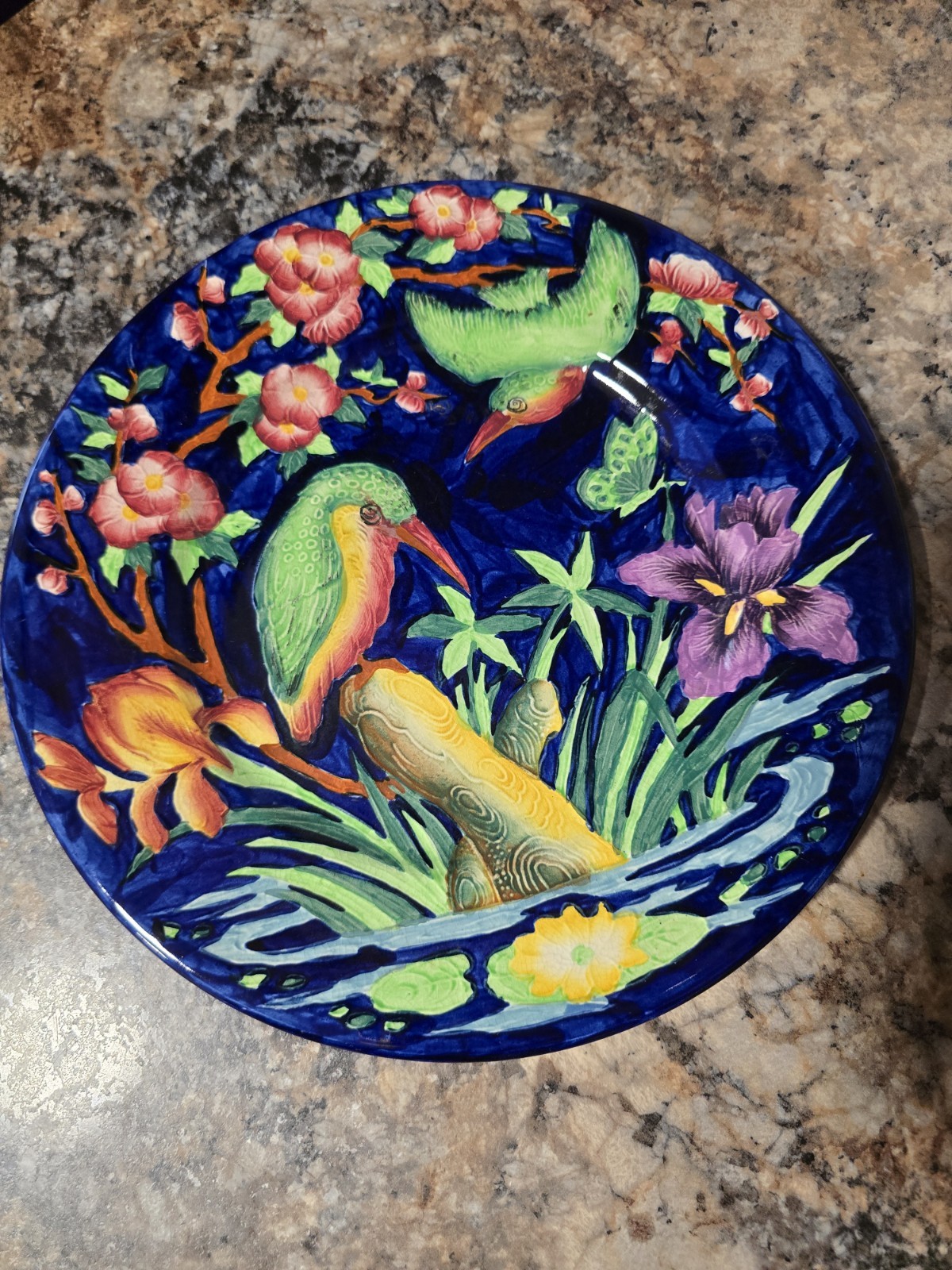 Vintage Maling Pottery Plate / Hummingbird / Charger Plate 11 1/8” Cobalt Blue