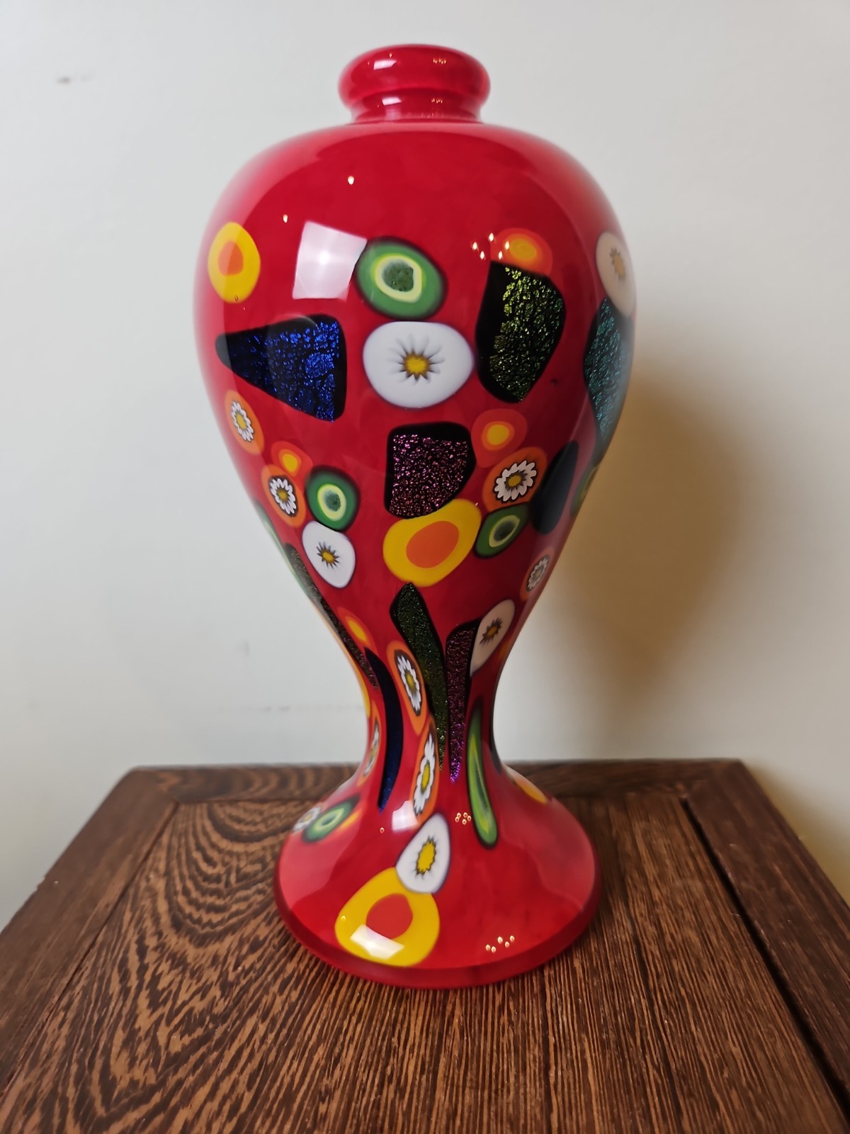Murano-Style, Millefiori Hand Blown Red Art glass vase Perfume Bottle 7″