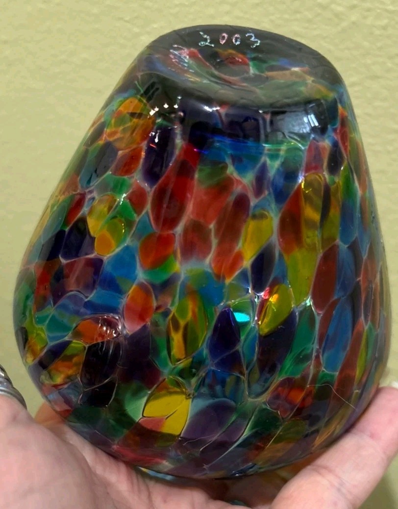 MSH Roger Vines Art Glass Multi Colored Ribbon Design Vase SIGNED/DATED 03