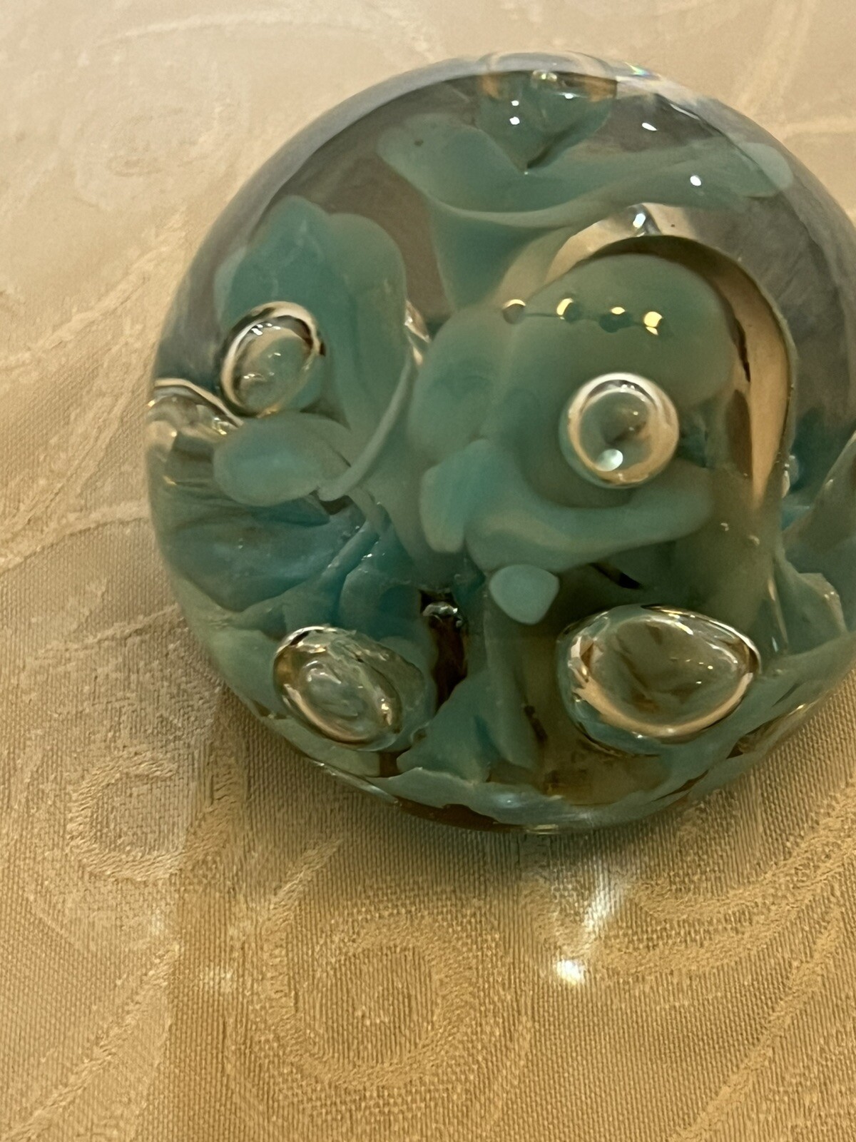 VTG JOE ST CLAIR Glass PAPERWEIGHT 3 1/4″ Signed Blue Floral Controlled Bubble