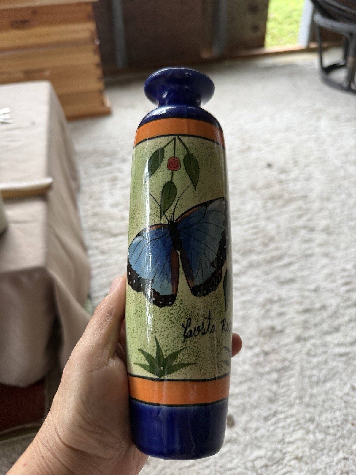 Decorative Vase Costa Rica Blue Butterfly Nature Motif Hand Painted