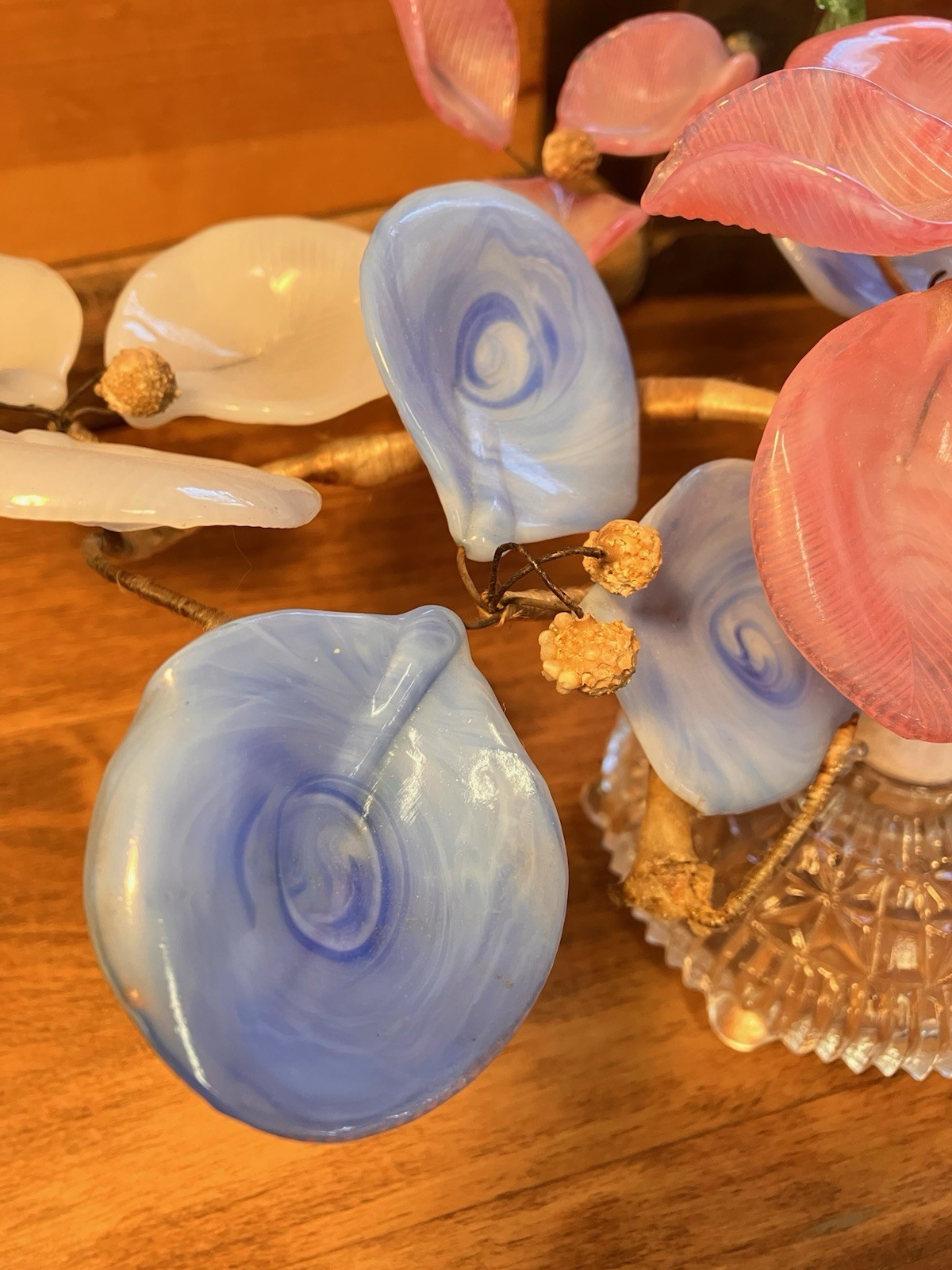Lot 2 VTG Hand Blown Art Glass Slag Flowers Italian Venetian Murano Bouquet Wire