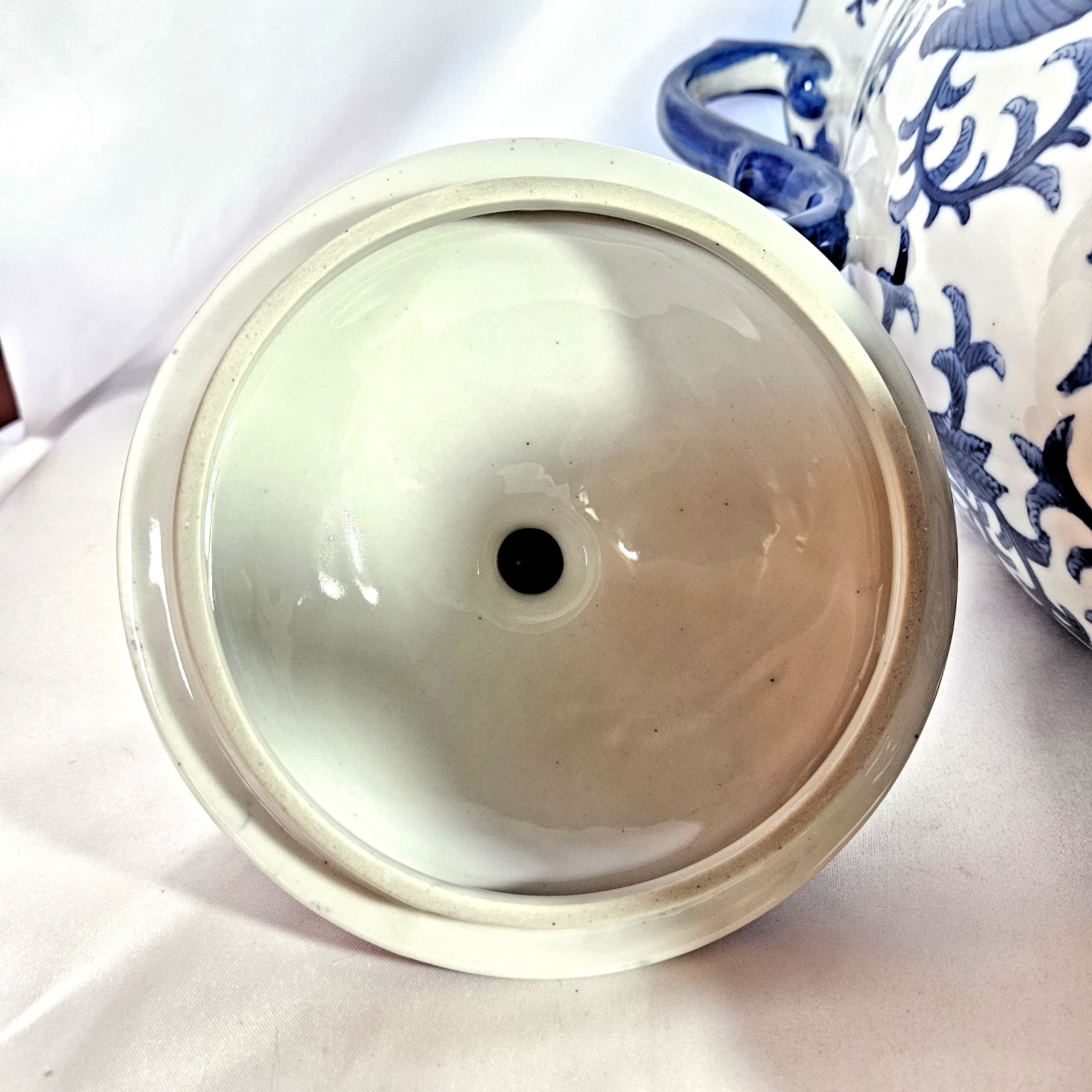 Vintage Bombay Company Blue and White Ceramic Ginger Jar Urn w/ Handles Feet Lid