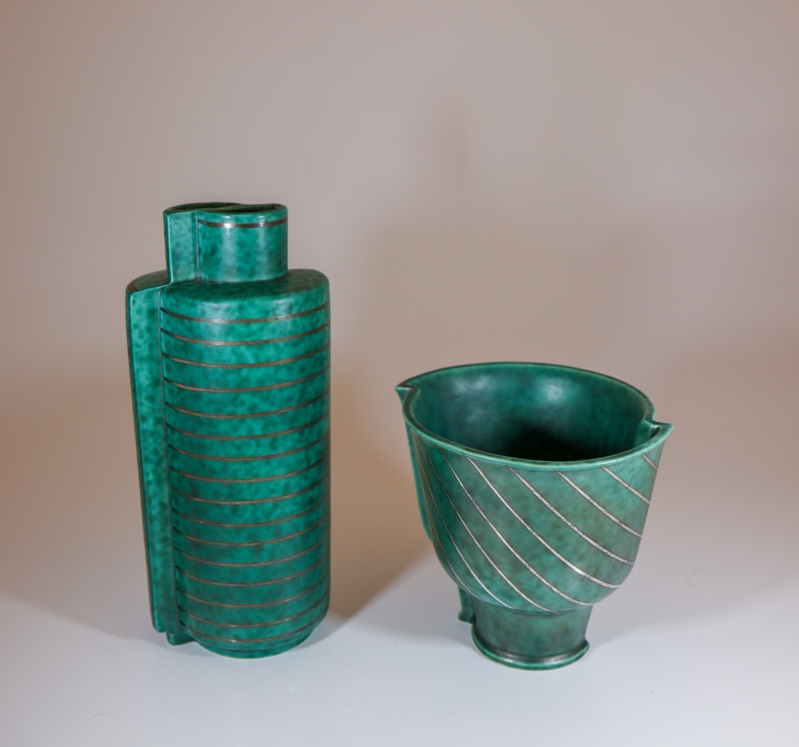TWO RARE GREEN CERAMIC VASE ARGENTA / SURREA – WILHELM KÅGE GUSTAVSBERG