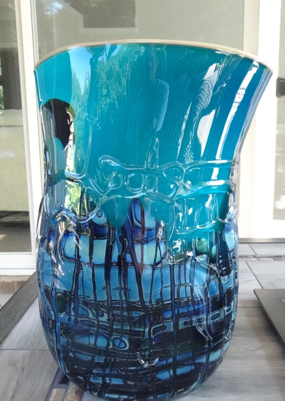HEAVY! Large Signed 1997 BUMP Studio Art Glass Threaded Freeform Vase 10.5″