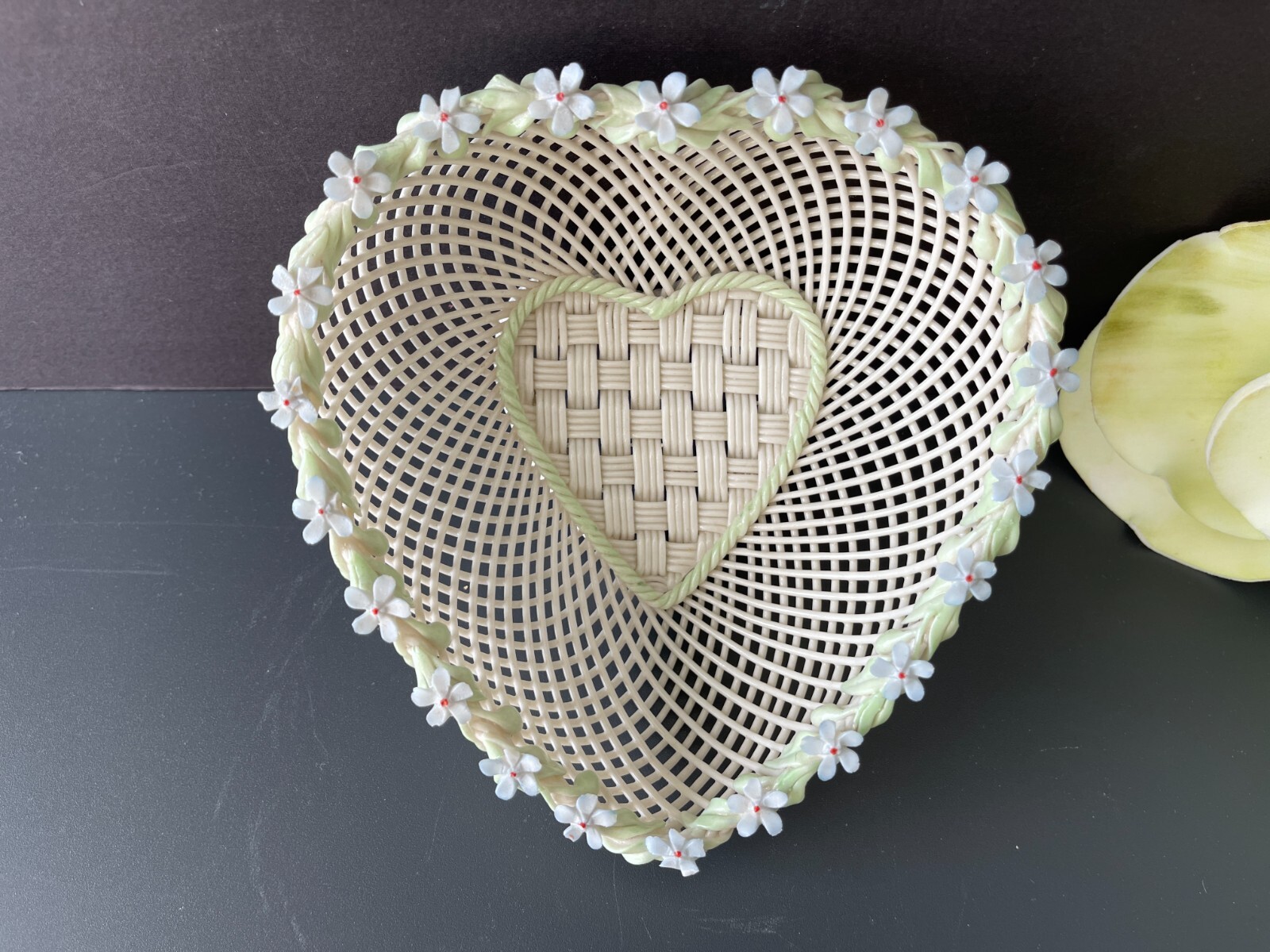 Large Belleek Heart Shape Basket Edging w/Light Blue Flowers – 4th Period 1950s
