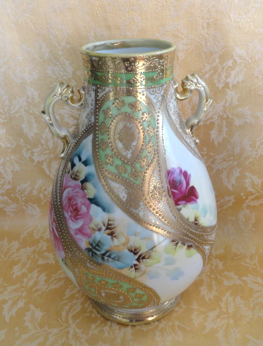 Large Antique Nippon Moriage Hand Painted Handled Vase Rose W/ Gold Gilt 12.5 H