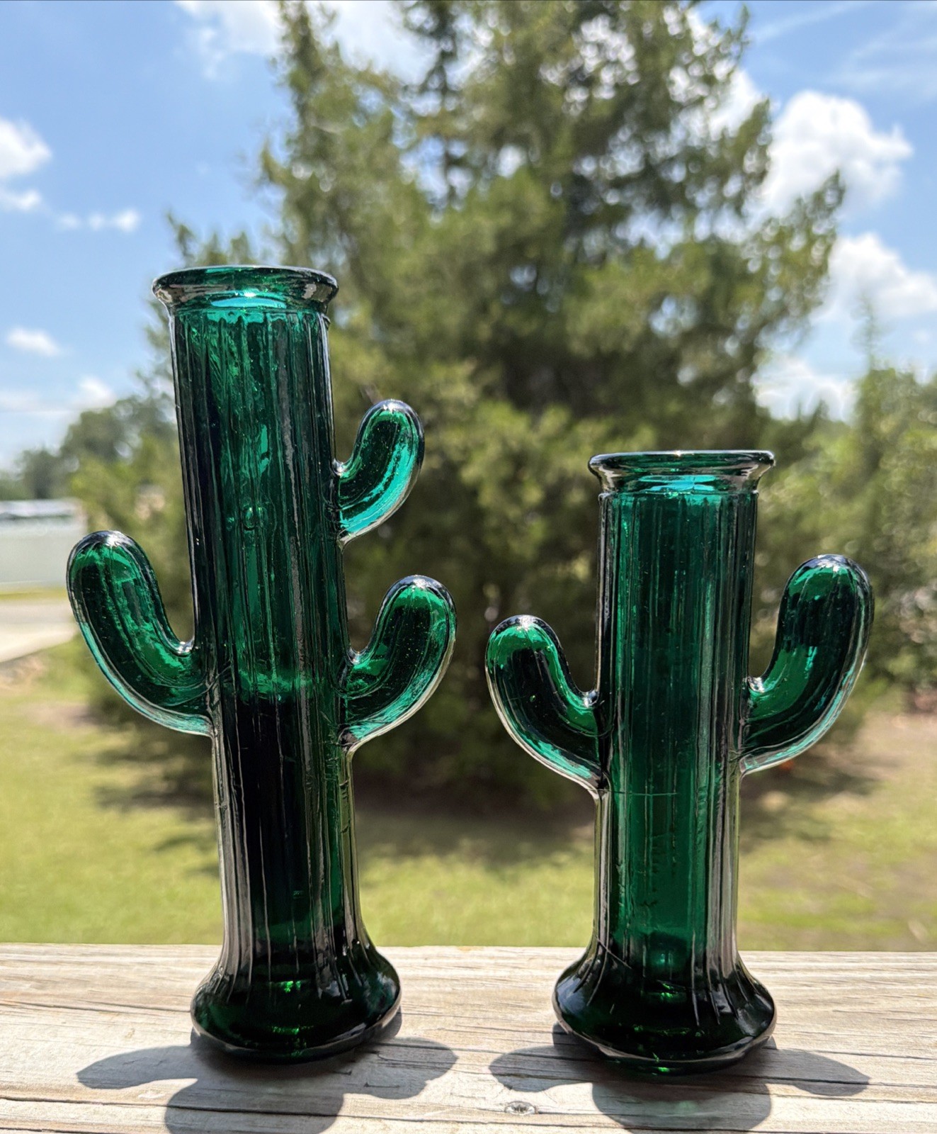 2 Vintage Green Glass Saguaro Cactus Heavy Bud Vase Southwest Desert Motif MCM