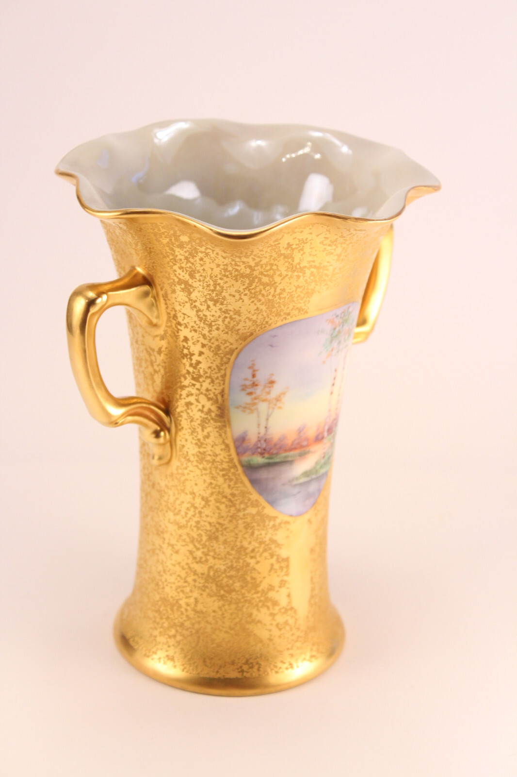 Vtg Antique Gold Encrusted Hand Painted Double Handled Trumpet Vase 1710