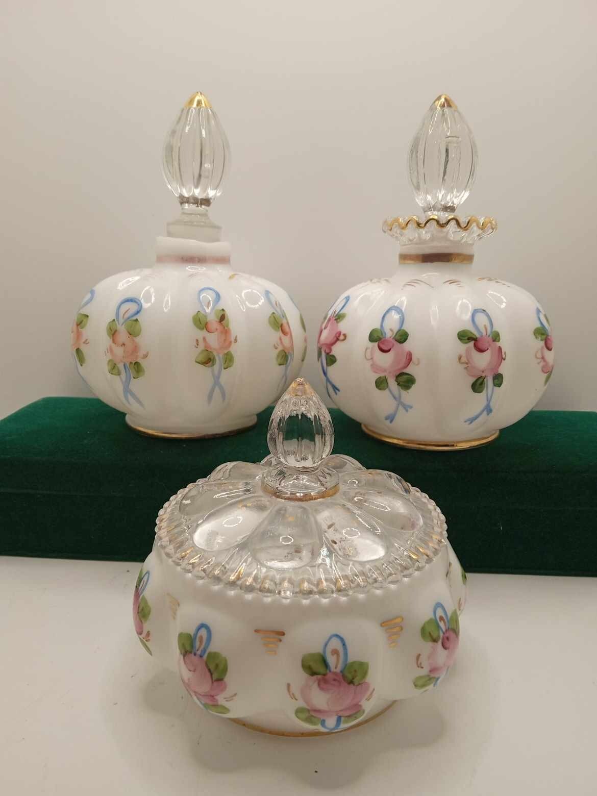 Charleton Milk Glass Perfume Bottles & Powder Box Hand Painted Roses Set Of 3