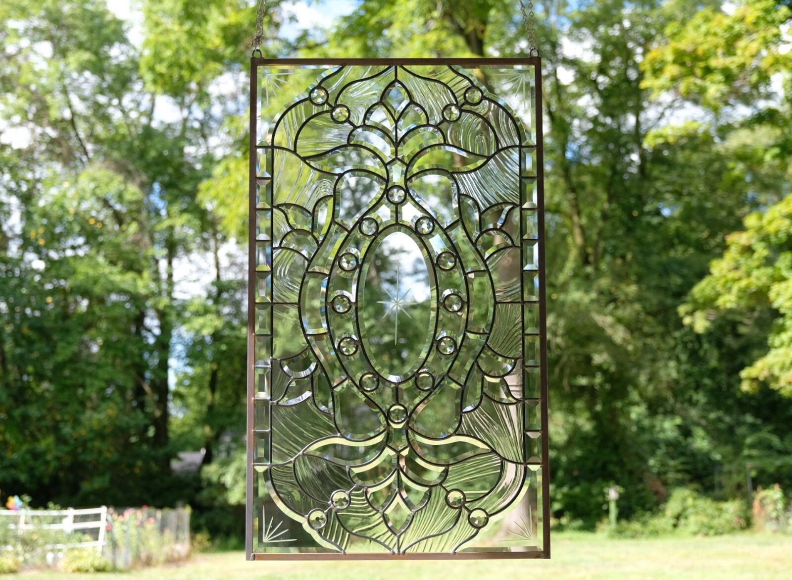 Stunning Handcrafted stained glass Clear Beveled window panel, 20″ x 34″