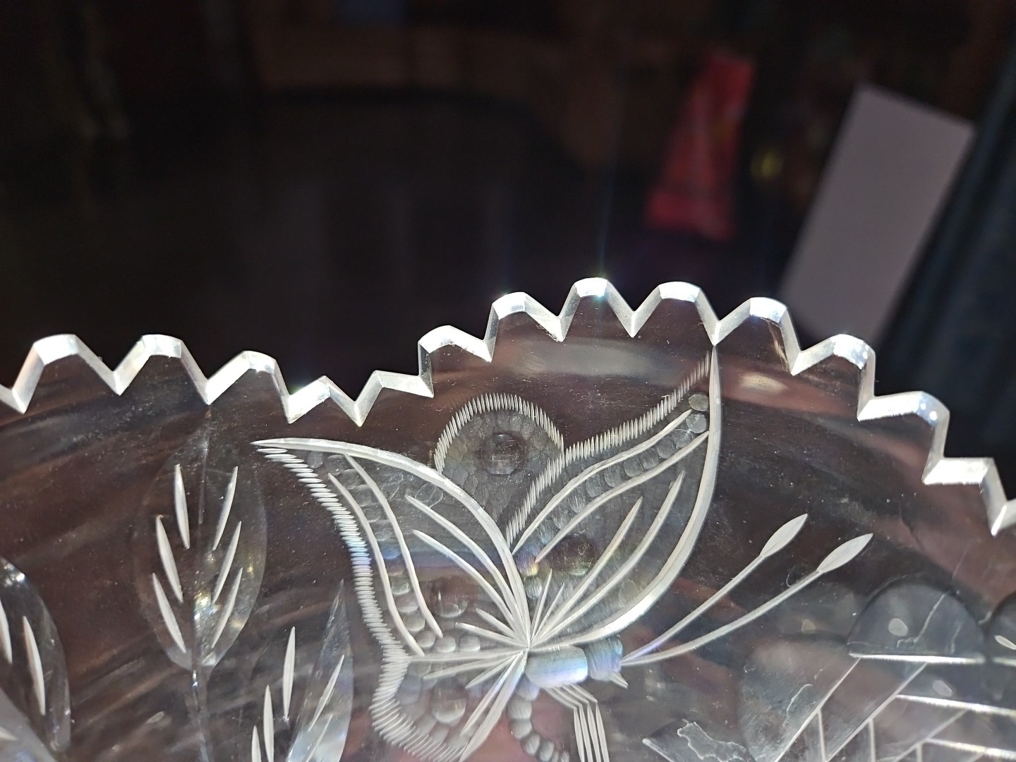 Huge 16-1/4″ VASE, American Brilliant Period Cut Glass Crystal Butterfly & Rose