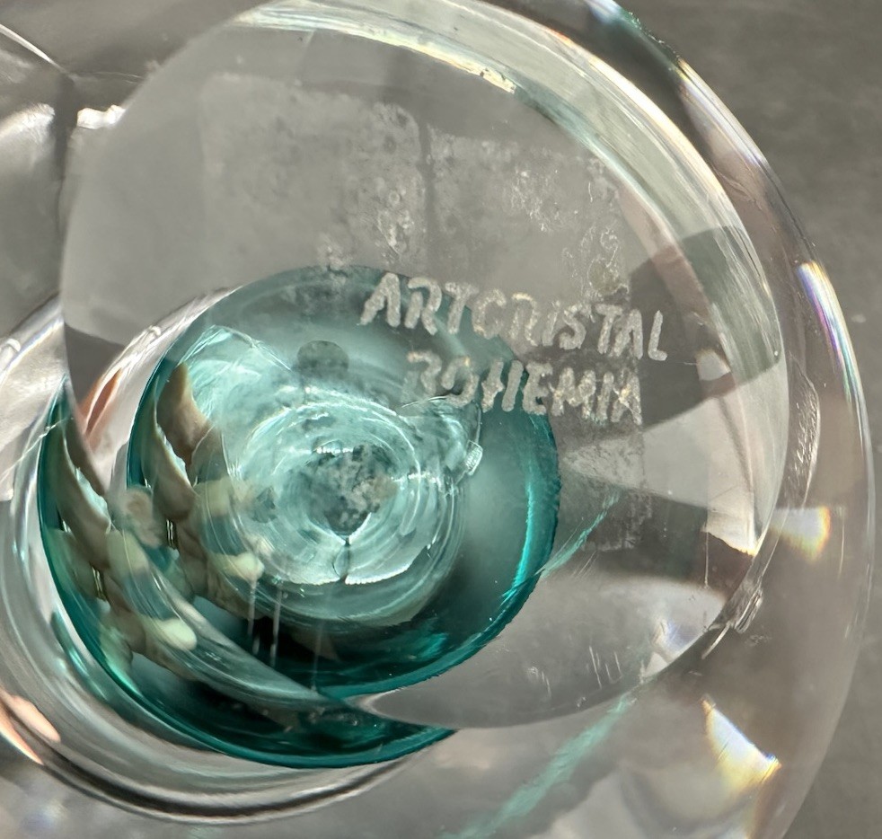 Artcristal Bohemia Round Sphere Teal Clear Paperweight Figurine Art Glass