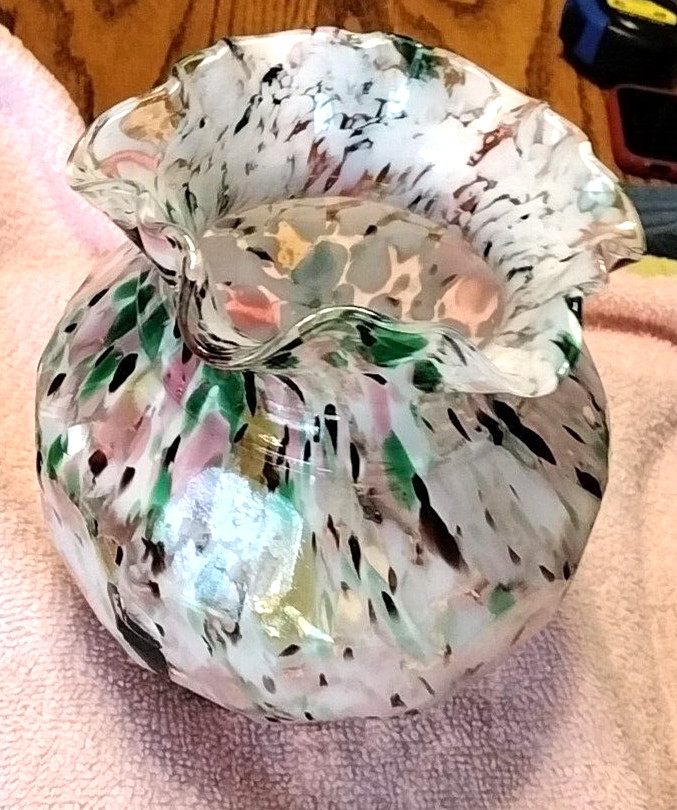 VTG Hand Blown End of Day Vase-Ruffle Edges Multicolored Splatter Art Glass-EUC
