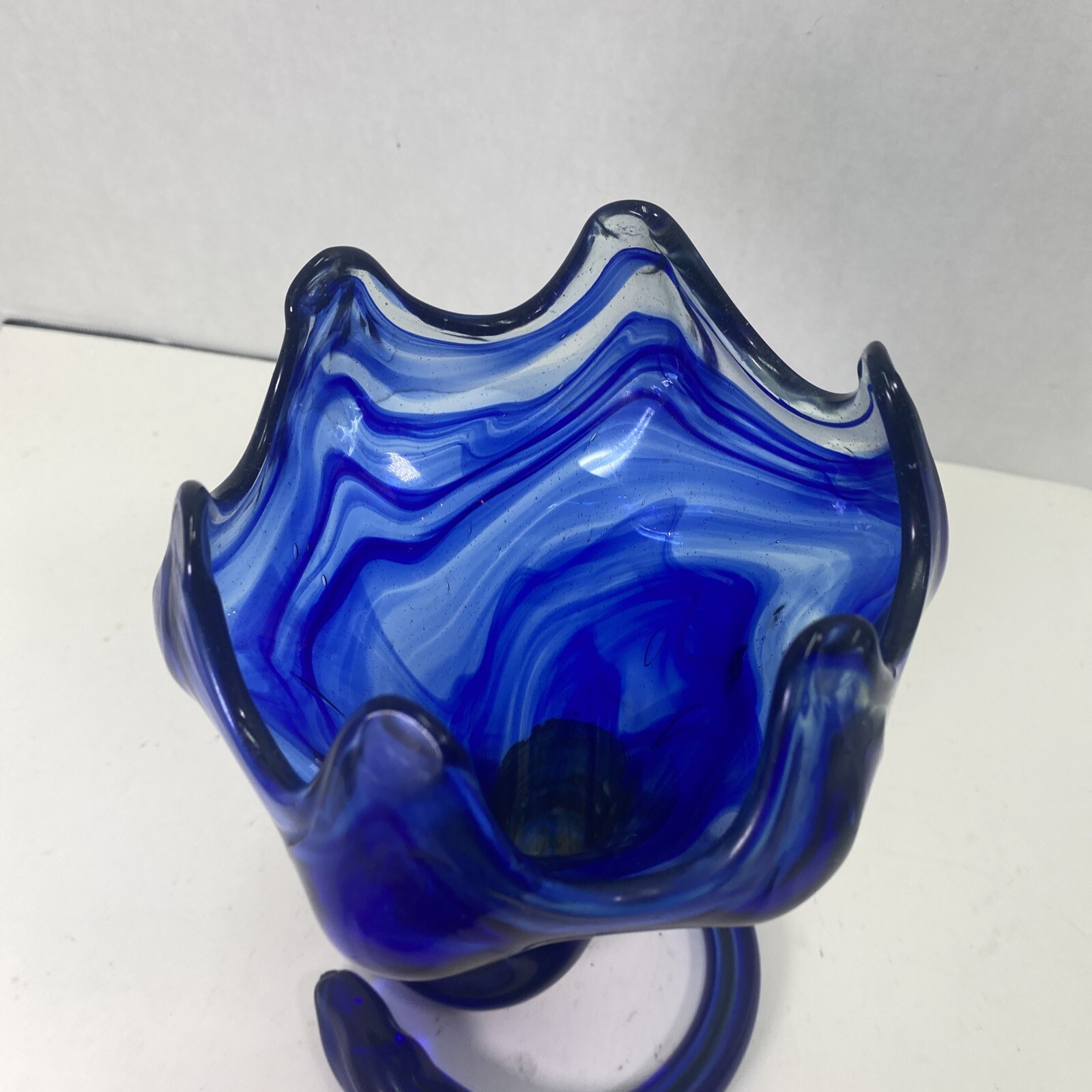Blown Art Glass Cobalt Blue Swirl Coil Base Trumpet Vase