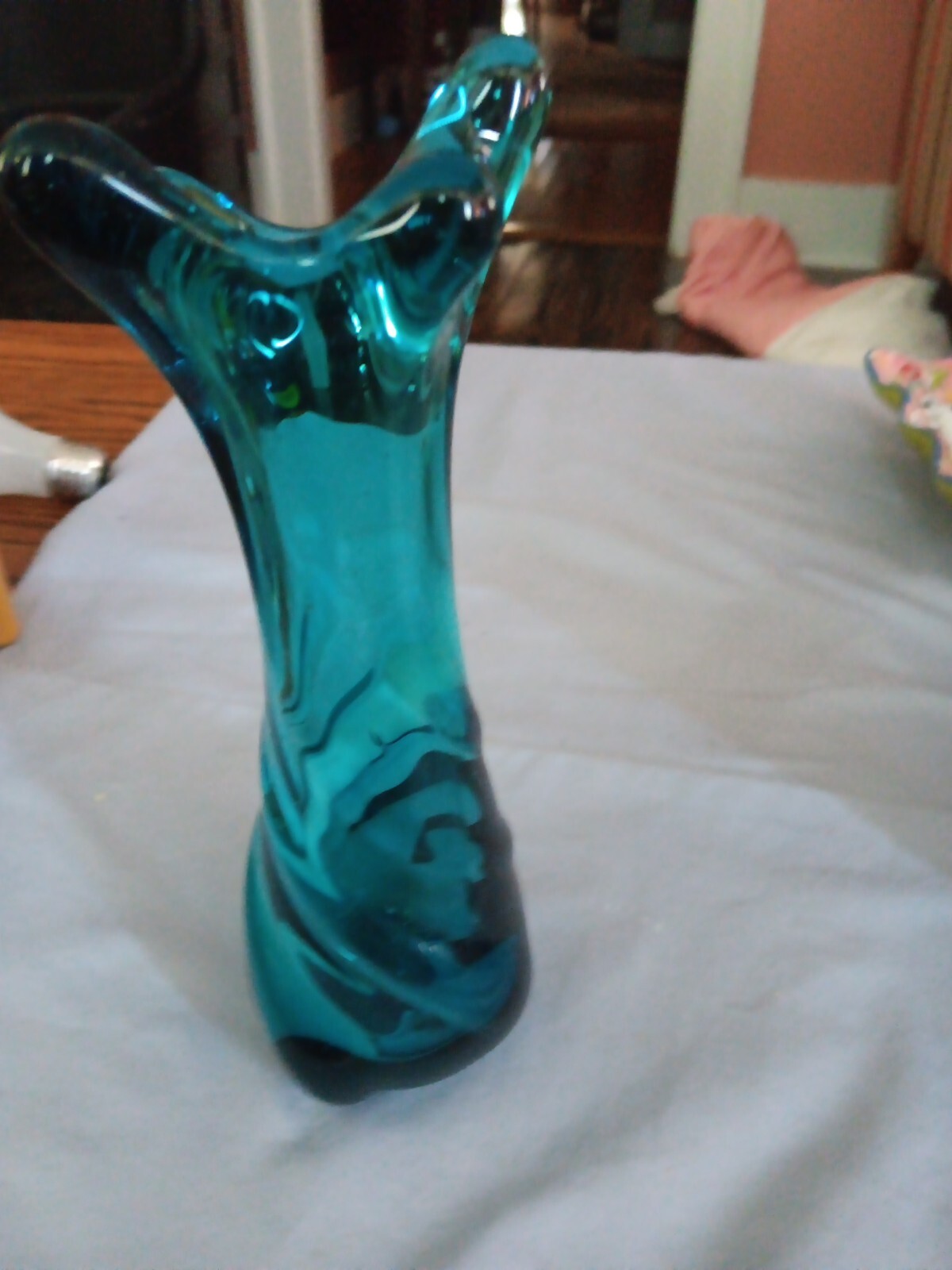 Art Deco Blown Glass Peacock & White Swirl Bud Vase 8 3/4in