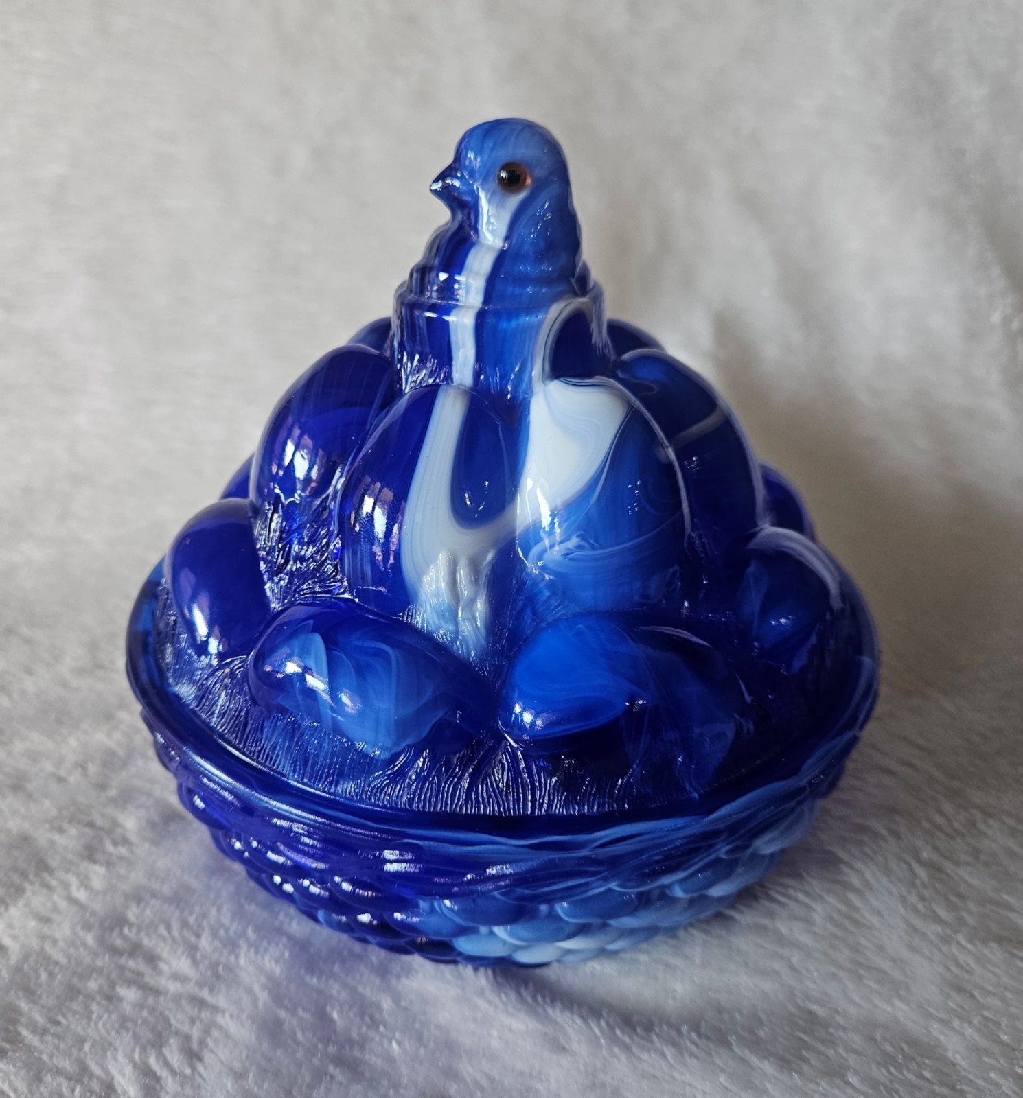 CHICK On EGG PILE, Westmoreland , Blue Slag Glass Basket Weave