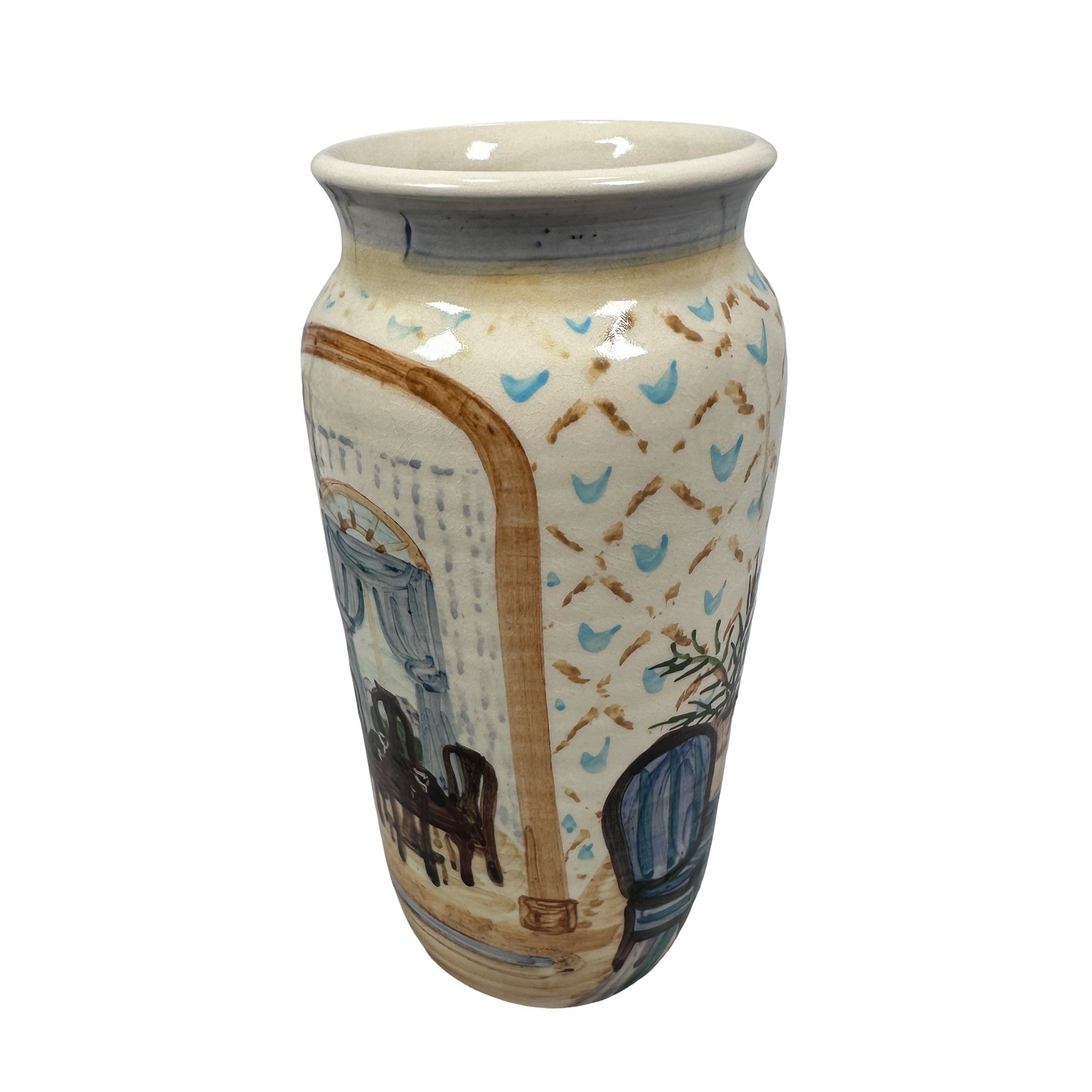 Liz Lawrence Redware Pottery Vase 1992 Hand Painted Scenic Interior Landscape
