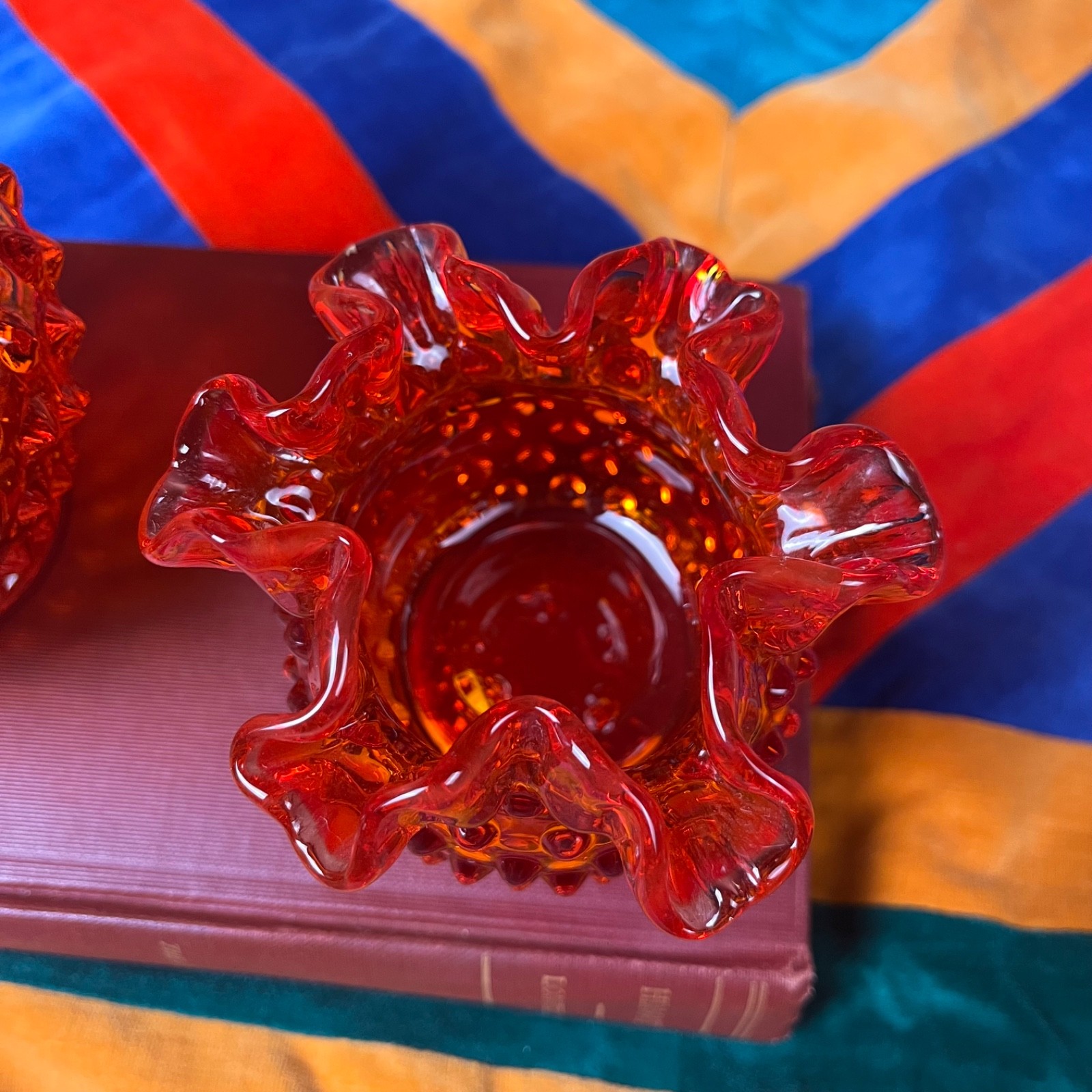 Lot of 2 Vintage Fenton Amberina Hobnail Glass Bowl Vase Ruffled Cadmium UV Glow