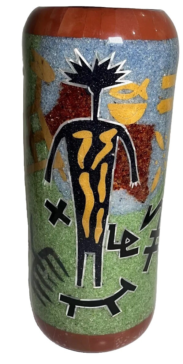 Ceramic 14″ vase primitive art blue yellow green crushed glass look but smooth