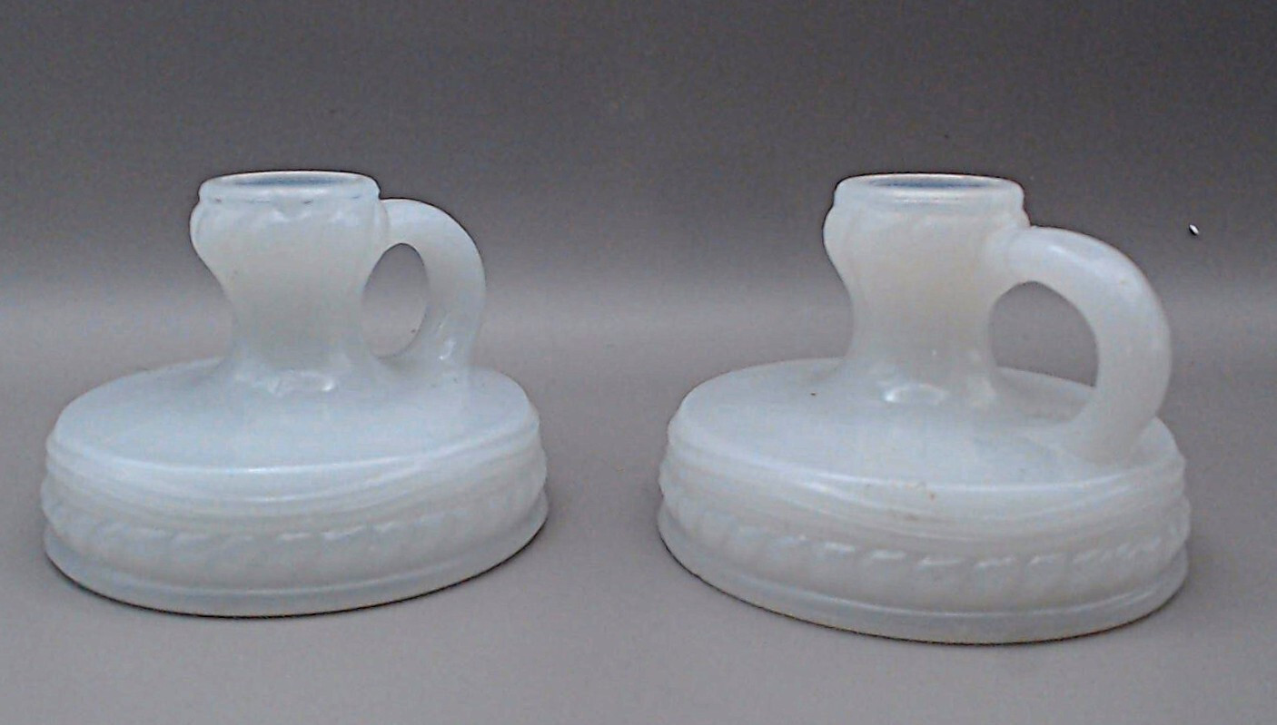 Pair of Akro Agate Milk Glass Candle Holders Chamber Sticks. 2.75″ dia. 2″ tall