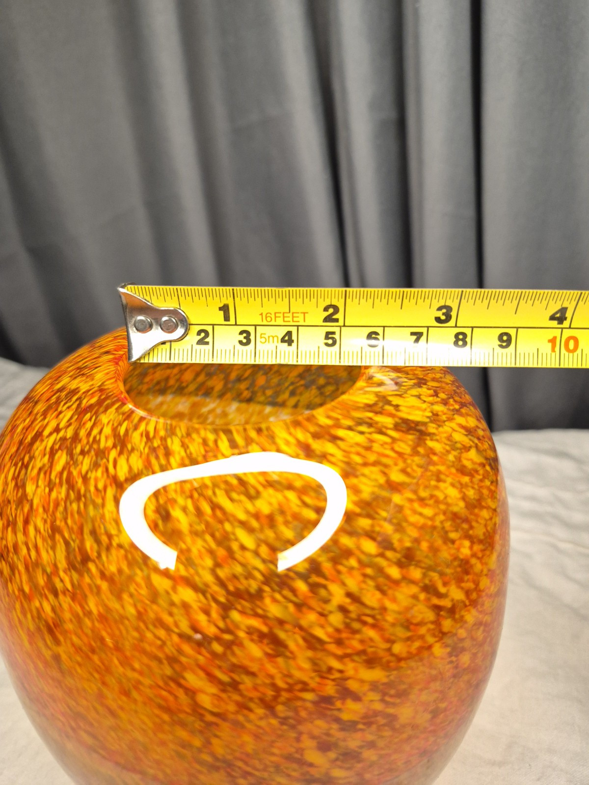 Speckled Glass Vase Brown Yellow Orange w White Band 7″h