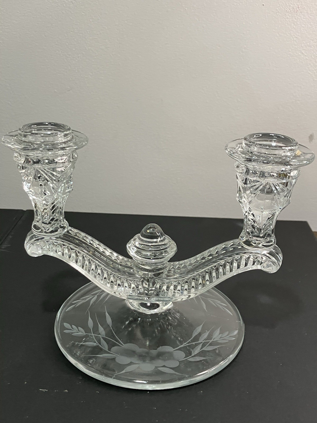 2 Vintage Art Deco Double Candle Candelabra Etched Base Crystal MCM EUC