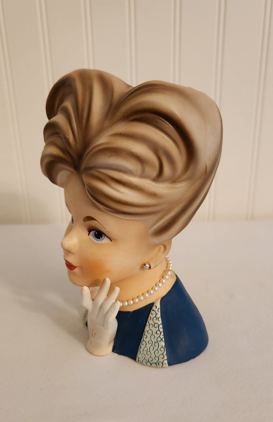 Vintage Lady Head Vase Relpo 7″ Tall Blonde Gloved Hand Pearls Teal Blue K1633