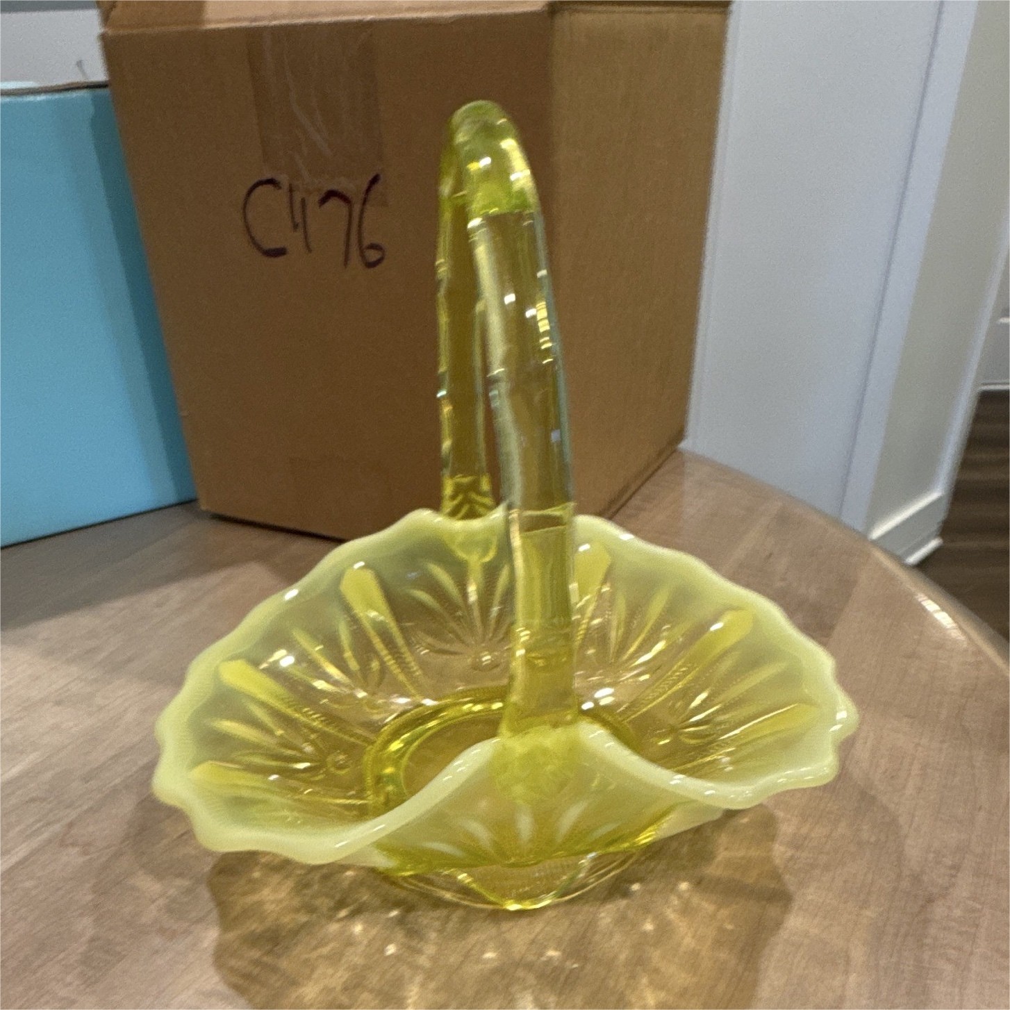Unmarked Yellow Glass Decorative Basket w/ Handle, Scalloped Rim