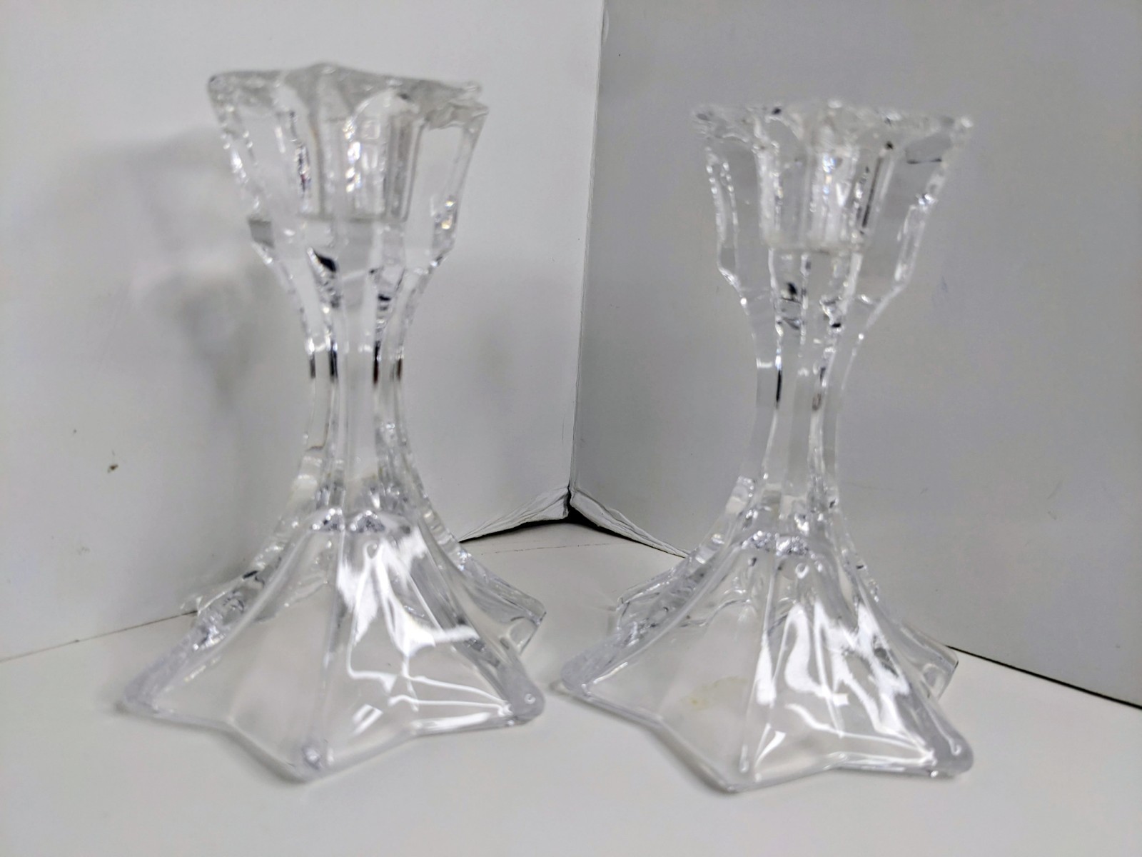 2 Vintage Crystal Taper Candle Stick Holders Star Shape 4” Set Of 2