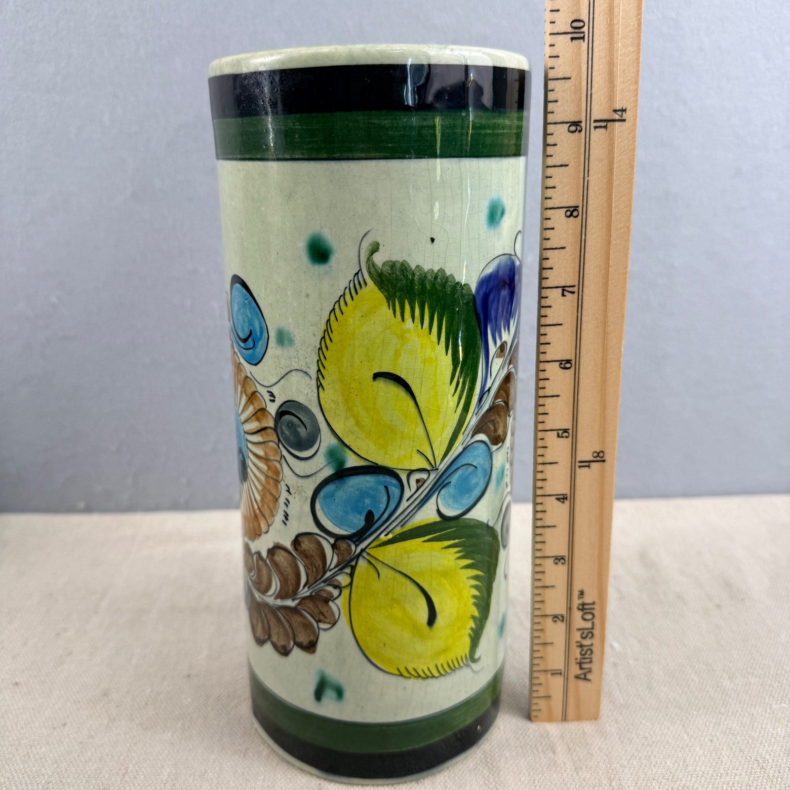 Vintage Tonala Mexican Art Pottery Tall Cylinder Vase Hand Painted Floral 10.5″