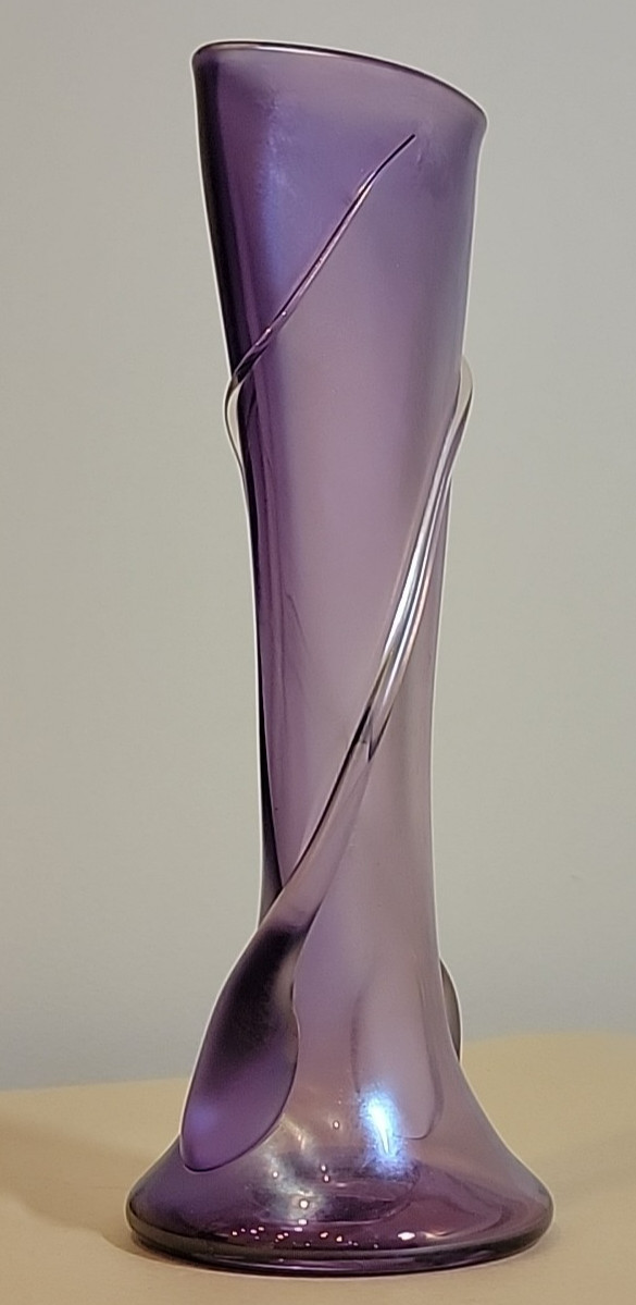 SIGNED Vintage Zellique Studio J MOREL Art Glass Vase Iridescent Purple 9″ 2005