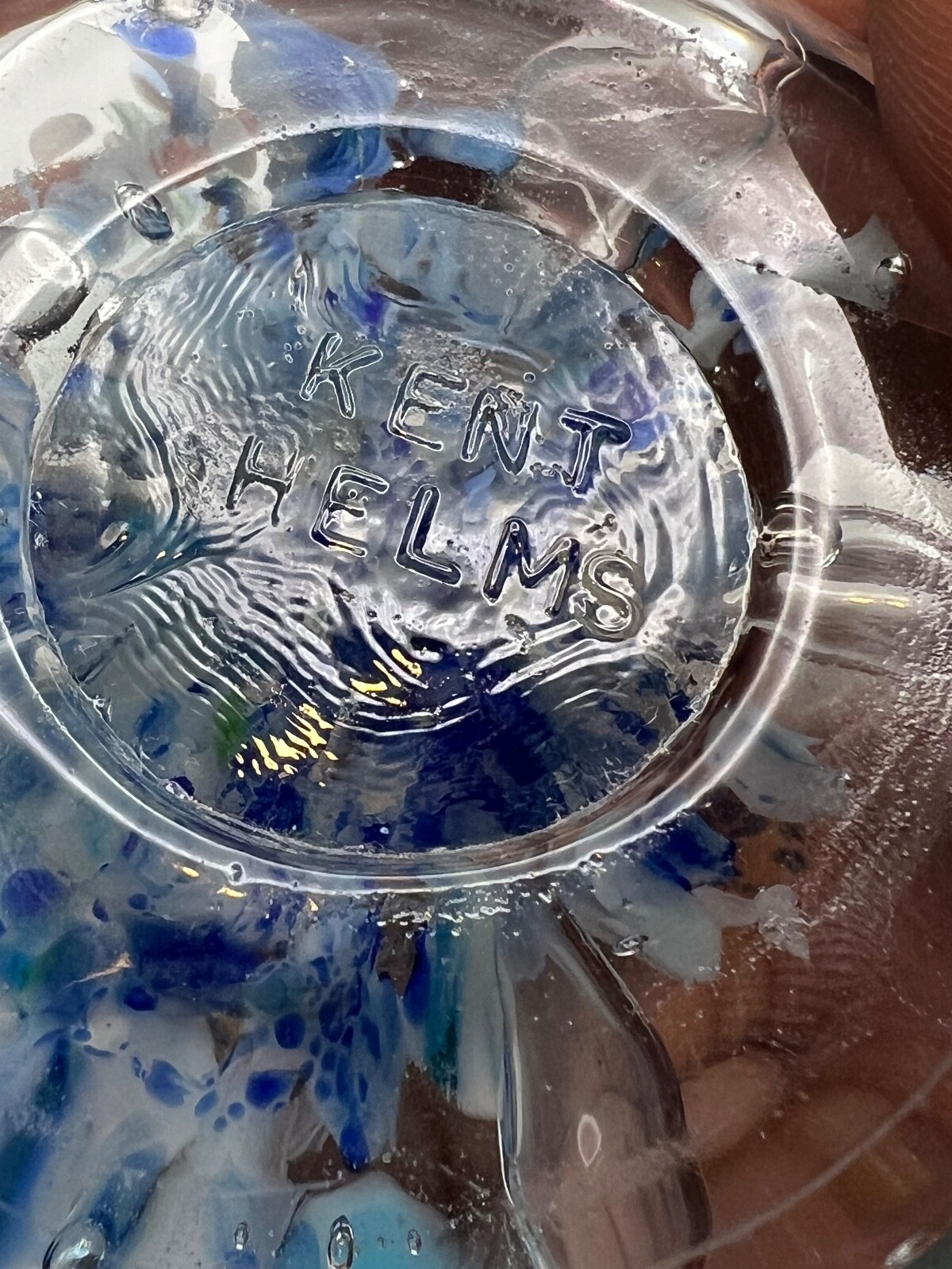 Kent Helms Blue & White Flowers w/Control Bubbles Paperweight 4” W x 2″ T