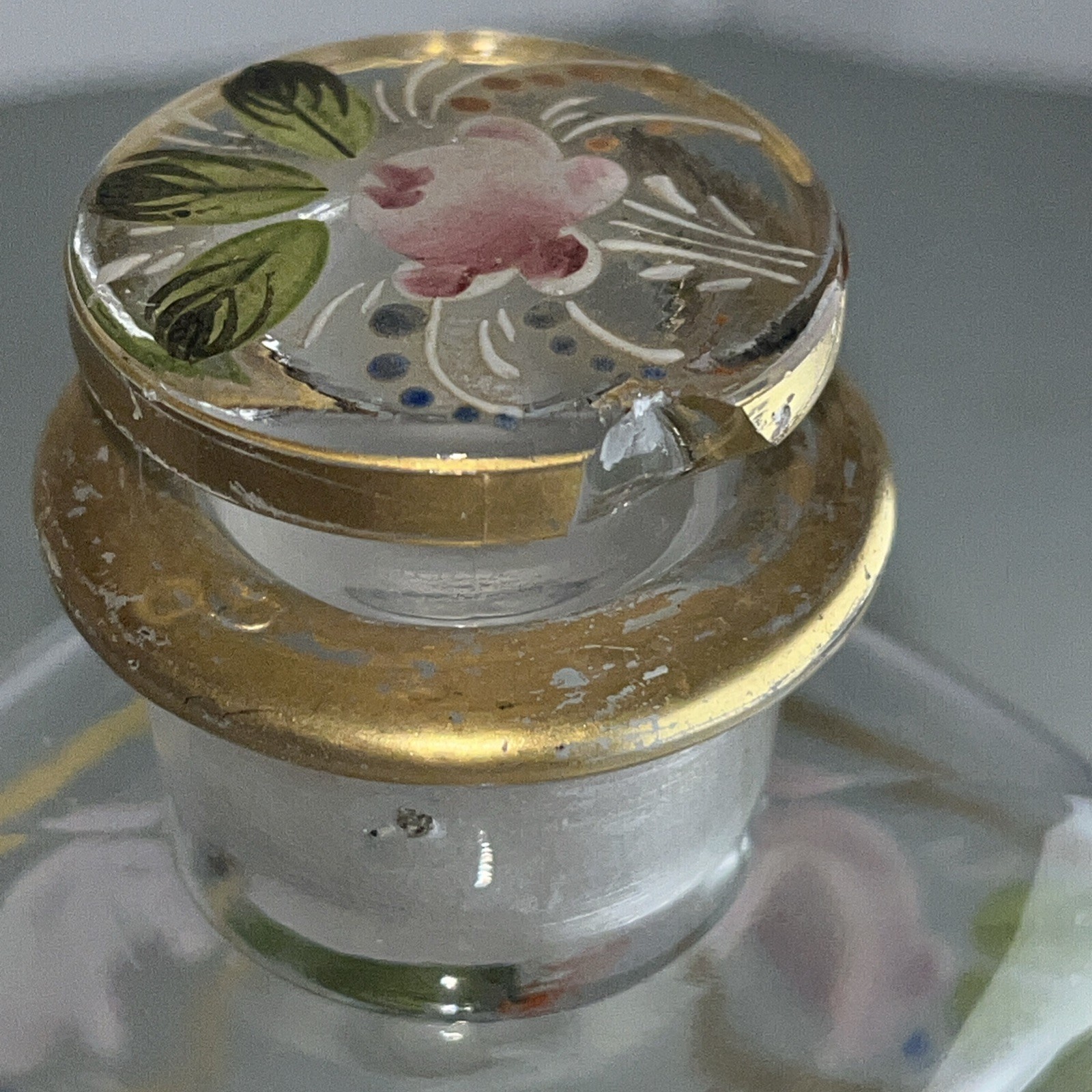 Antique Hand-Enameled Floral Pink Gold Gilded Glass Vanity Bottles Rare 5 Pieces