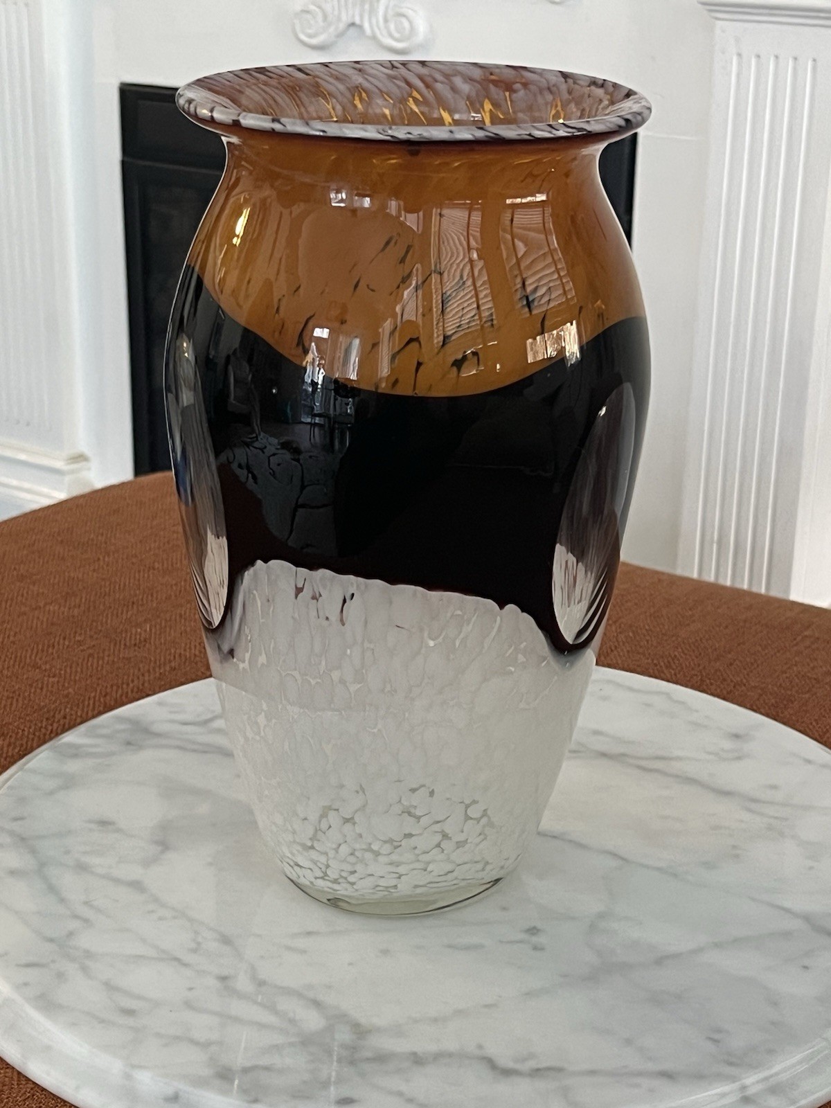 Murano Style Amber Black White Art Glass Vase Clear Vintage statement MCM