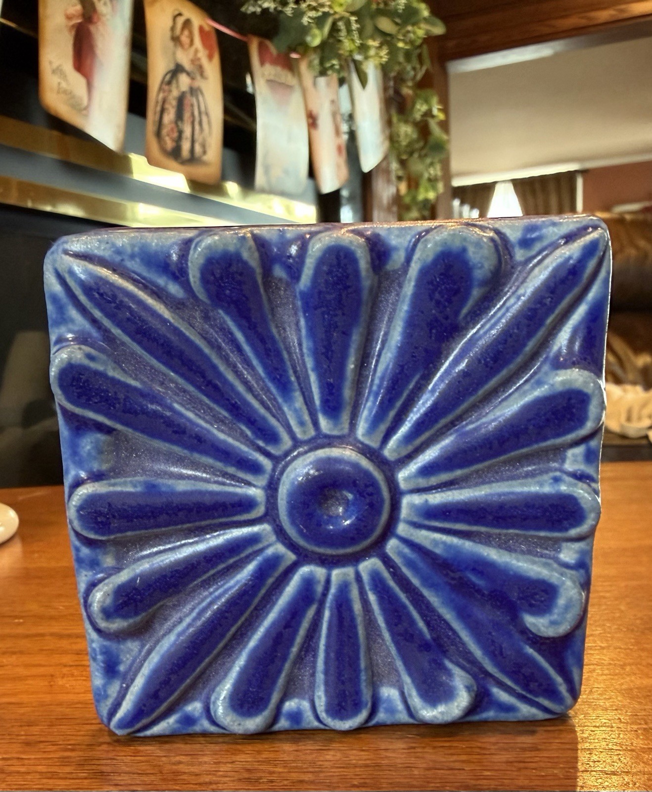 Pewabic Pottery Art Tile 2011 Detroit blue sunflower daisy Flower Very Nice